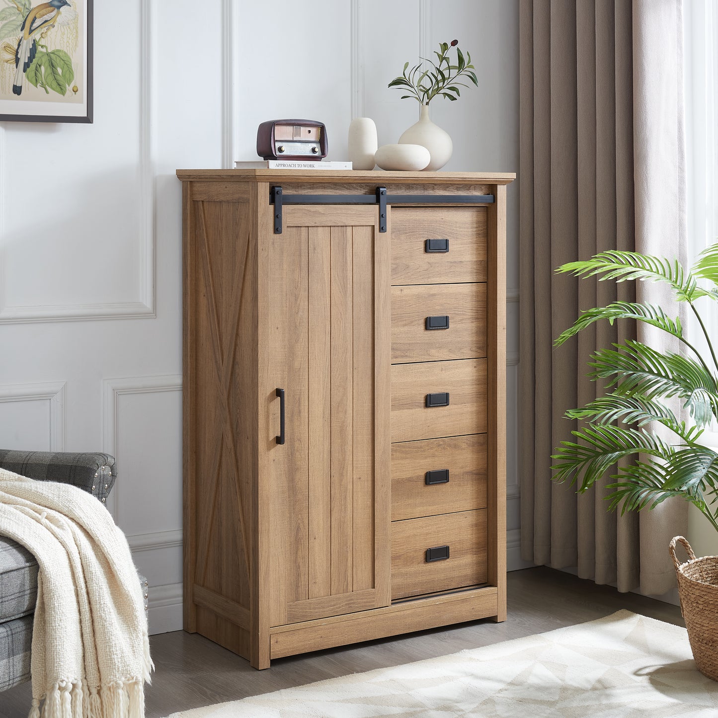 Farmhouse 5-Drawer Dresser with Sliding Barn Door - Oak
