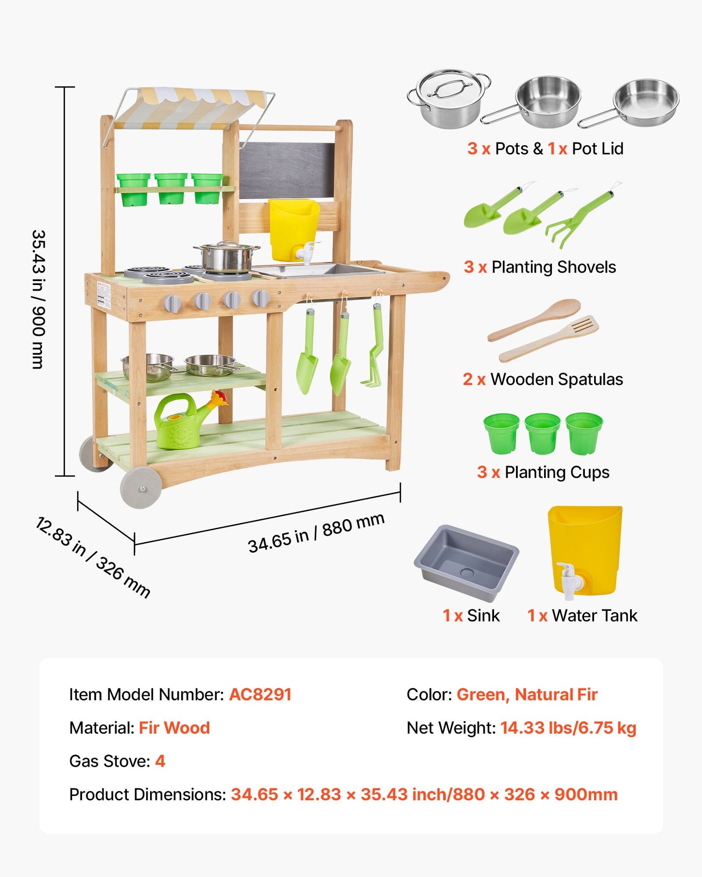 Kids Outdoor Mud Kitchen with Sink, Canopy & Wheels - Wooden Play Set
