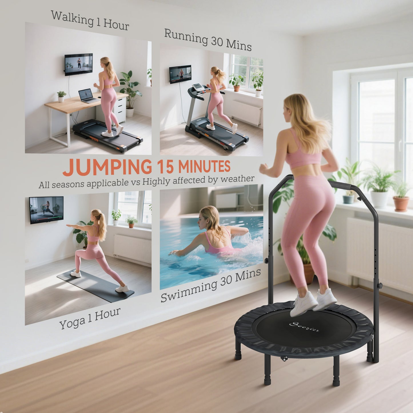 40" Foldable Mini Trampoline for Adults - Adjustable Handle, Black