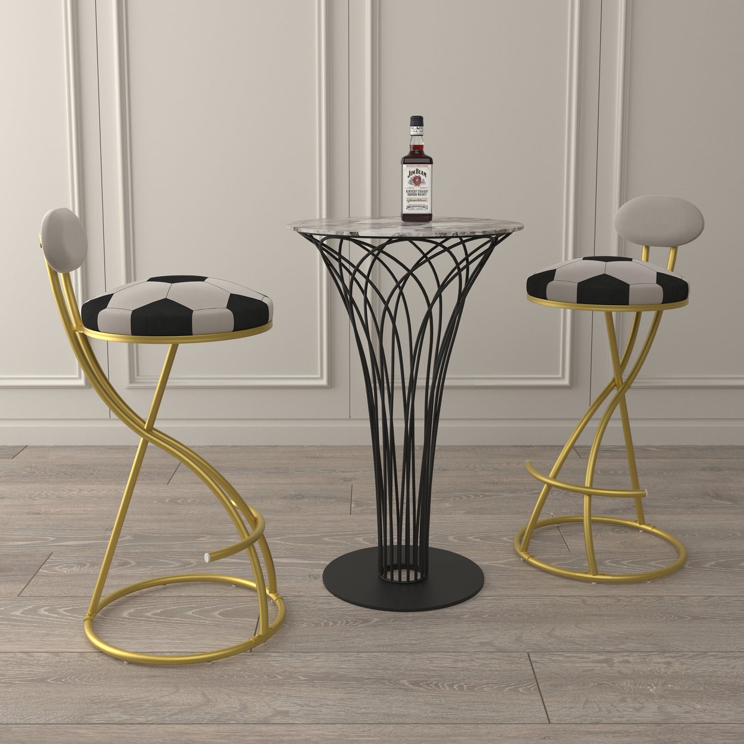 Football Print Bar Stools Set of 2 - Gold & Creamy White