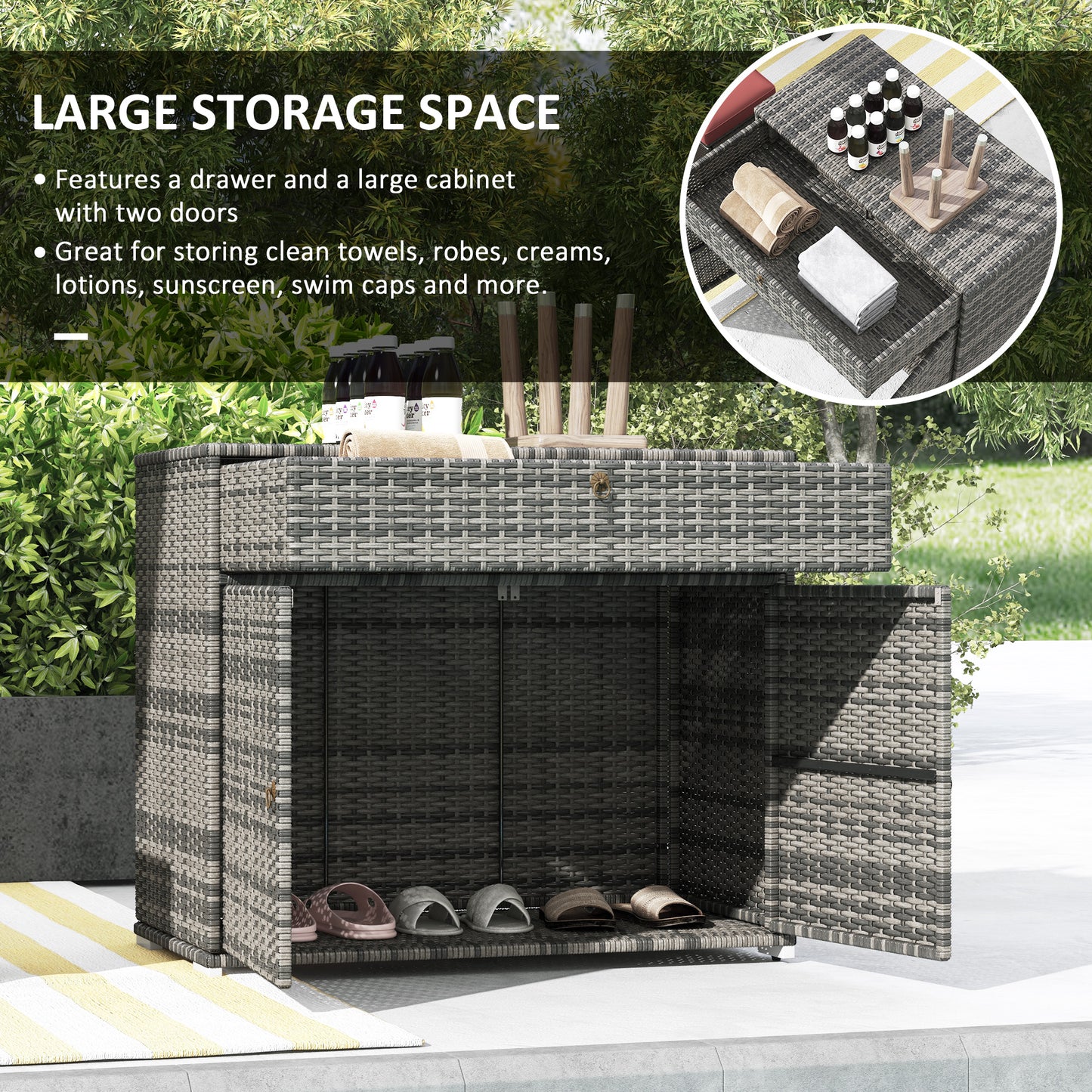 Outdoor Storage Cabinet - Waterproof PE Rattan with Drawer - Gray