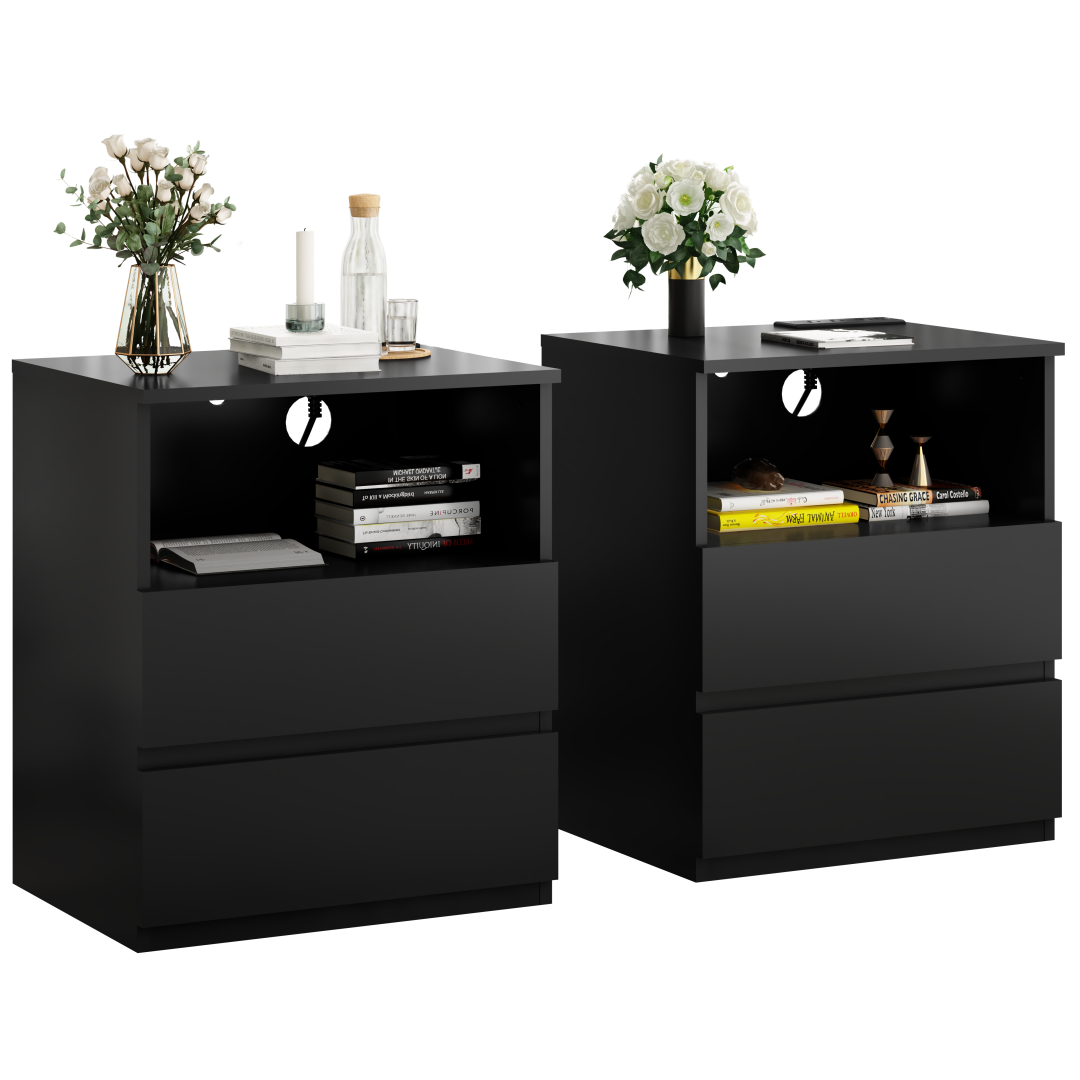 Set of 2 Modern End Tables with USB Charging Station & Drawers - Black