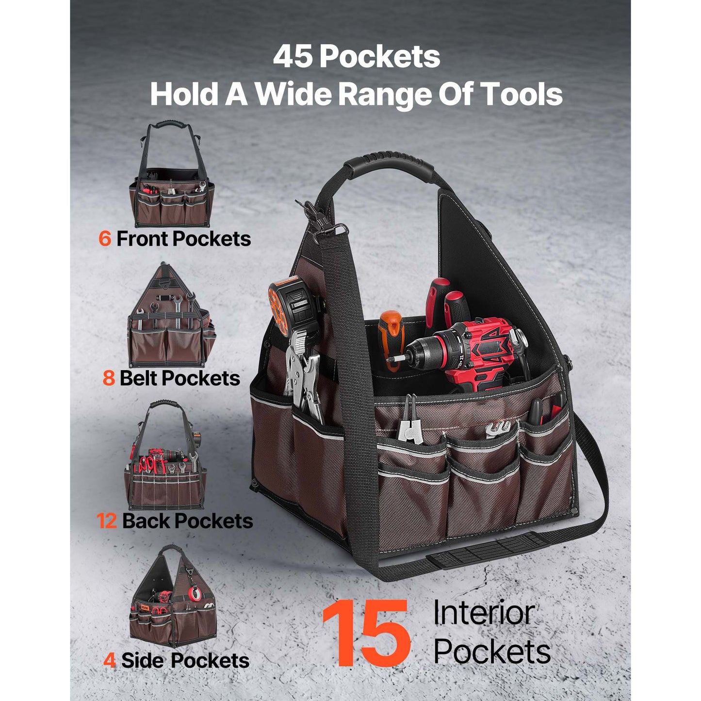 13-Inch Tool Bag with 45 Pockets Portable Organizer for Professionals & DIY