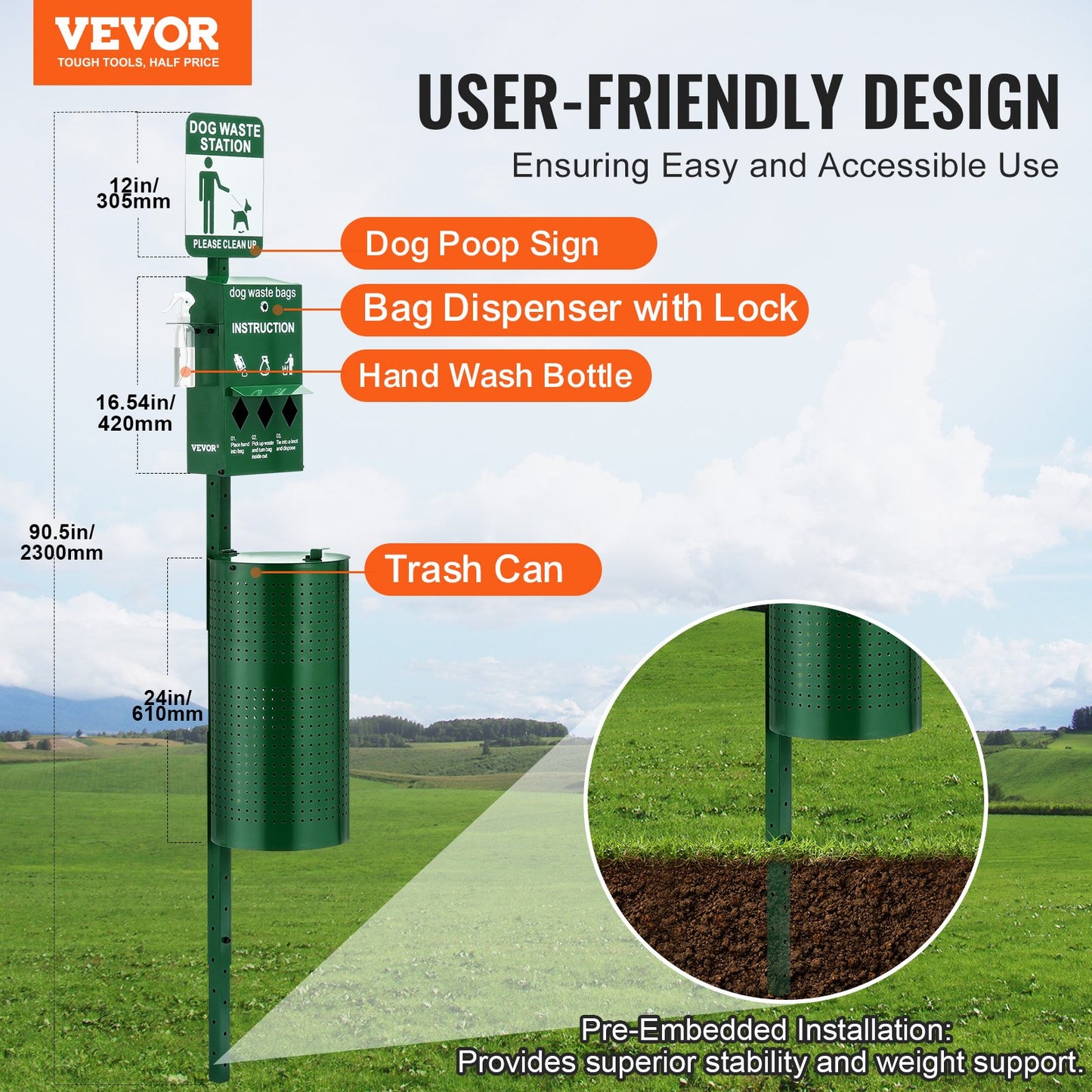 Dog Waste Station with 600 Poop Bags, Large 11.5-Gallon Trash Can, Green