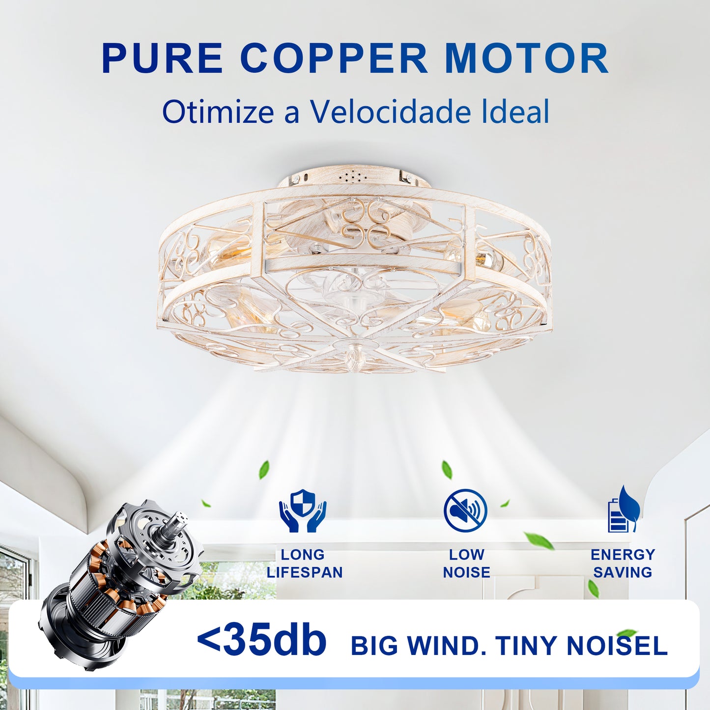 Caged Ceiling Fan with Lights and Remote Control - Reversible DC Motor, 6-Speed, Timing, Antique Bronze, Retro White