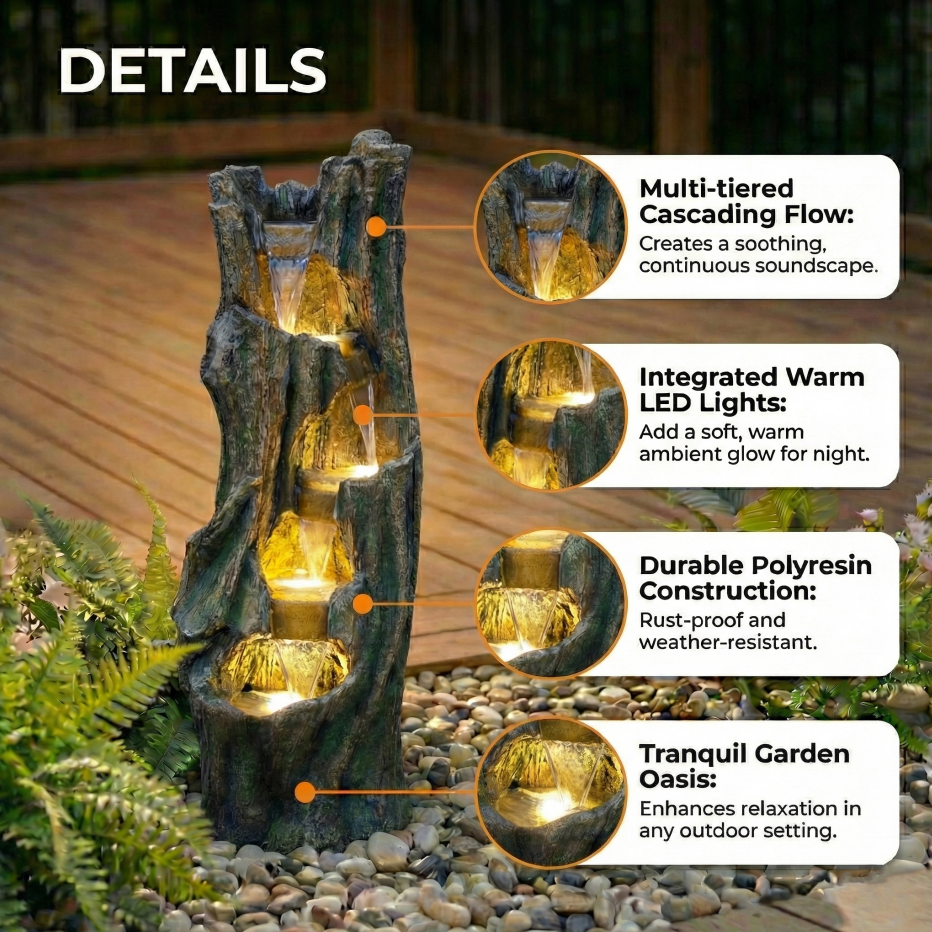 Outdoor Waterfall Fountain with LED Lights - Garden & Patio Decor, Grey