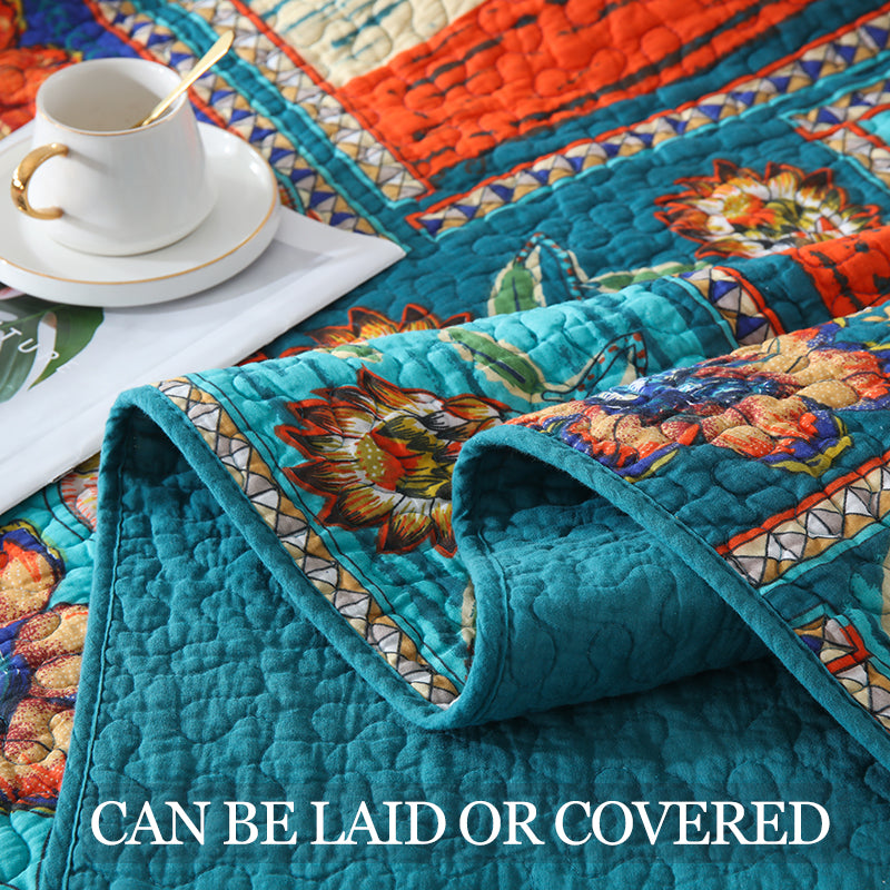 Full Queen & King Reversible Cotton Bedspread Set with Bohemian Patchwork Design