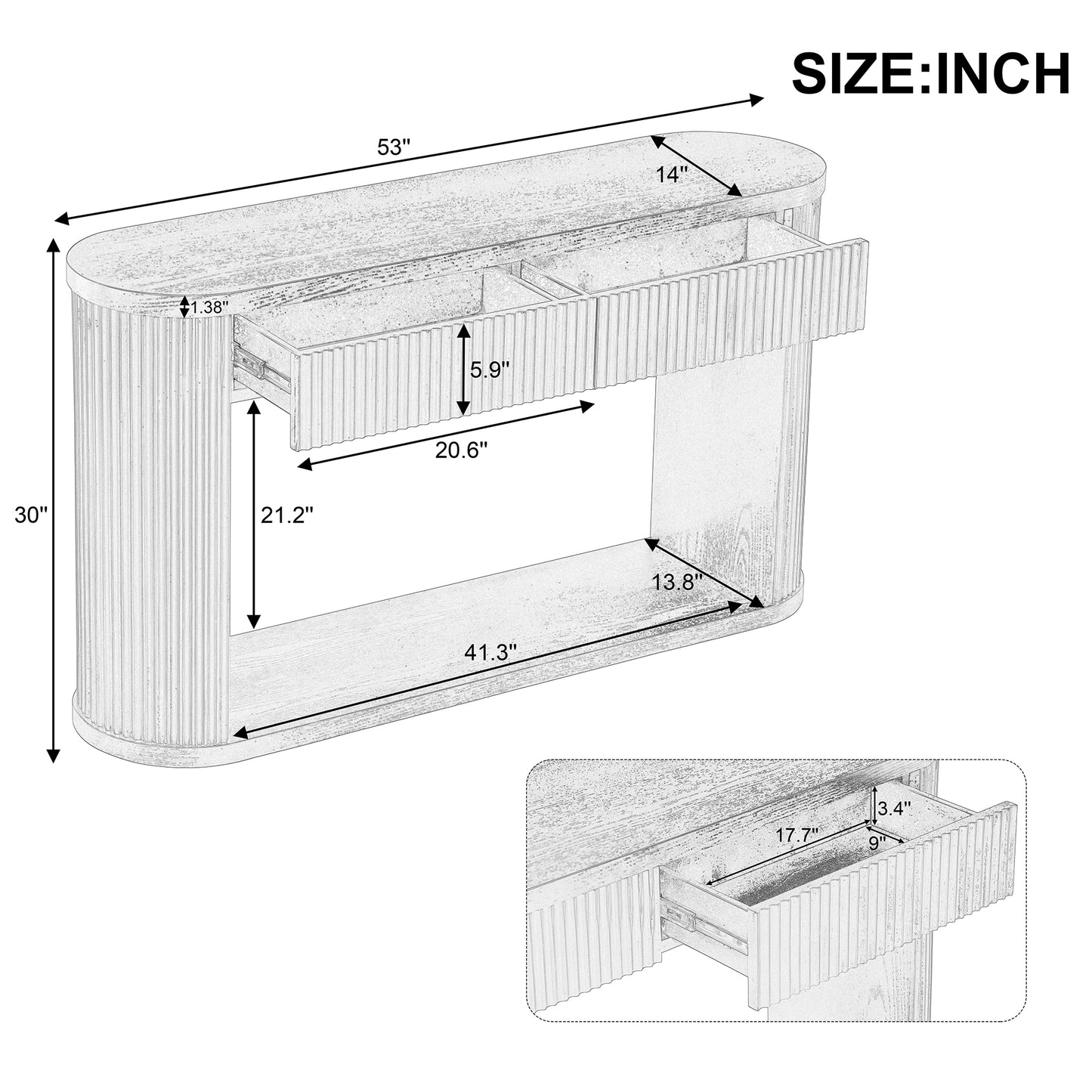 Oval Fluted Console Table with 2 Drawers & Bottom Shelf - Natural