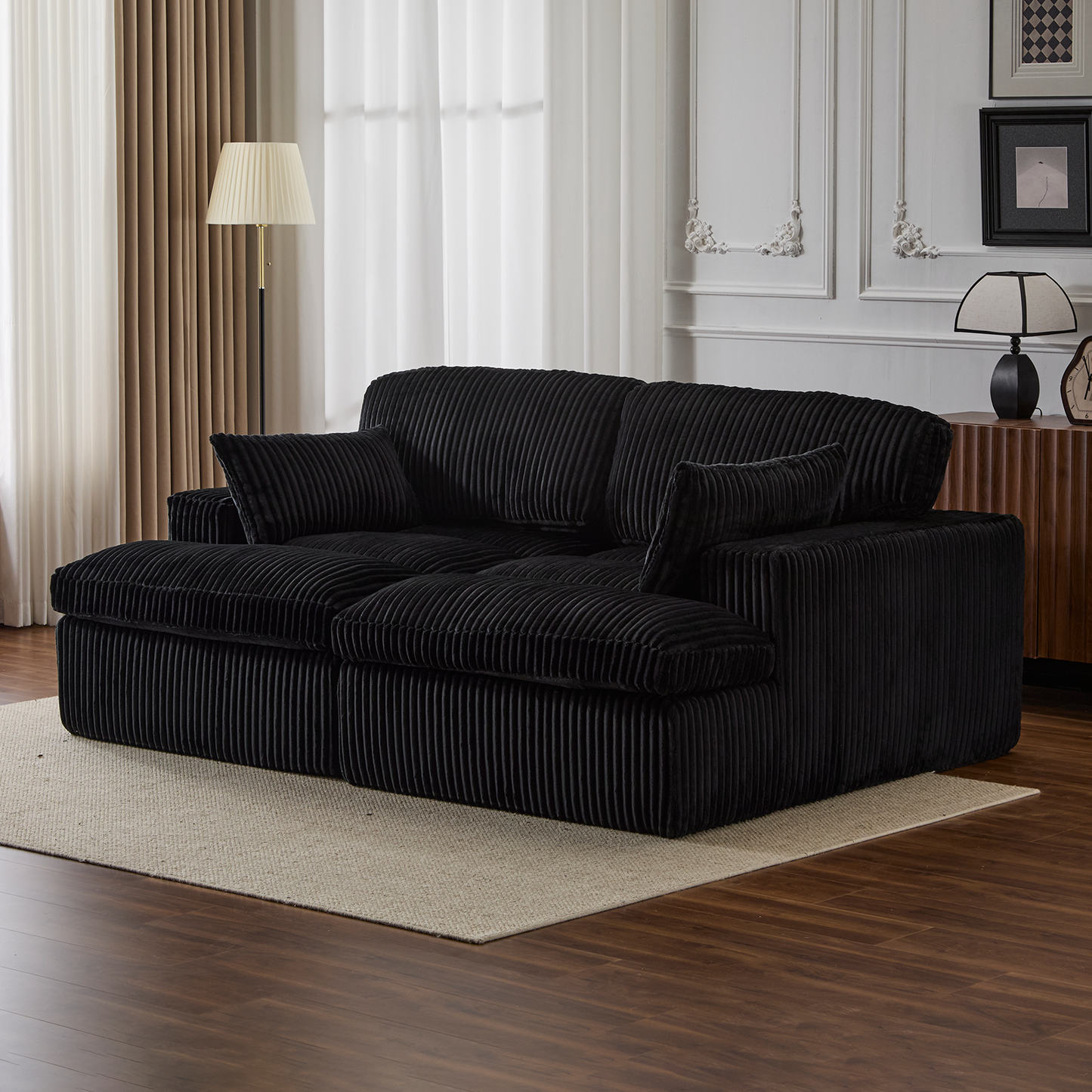 Oversized Double Chaise Lounge Chair - Black Corduroy Sofa Bed