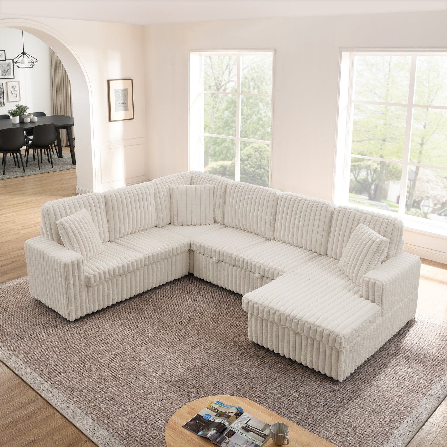 Modern Minimalist Corduroy Striped U-Shaped Sofa Bed - Beige