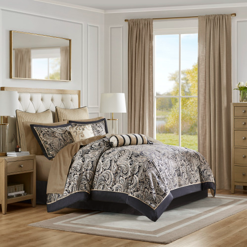 12-Piece Black Comforter Set with Cotton Bed Sheets - King