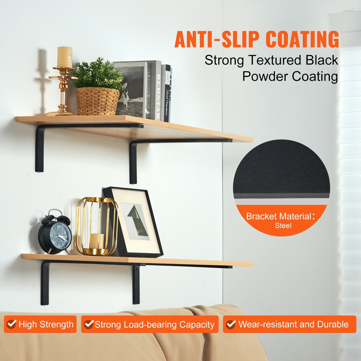 Heavy Duty Floating Shelf Brackets - 10 x 6 Inch, 160 lbs Capacity, 4 Pcs - Matte Black