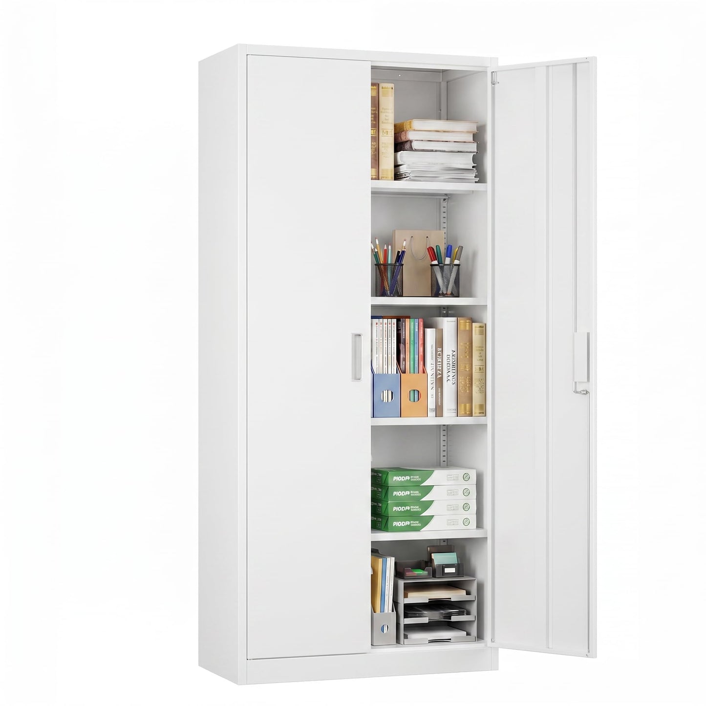 Lockable Metal Garage Storage Cabinet with 4 Adjustable Shelves - White