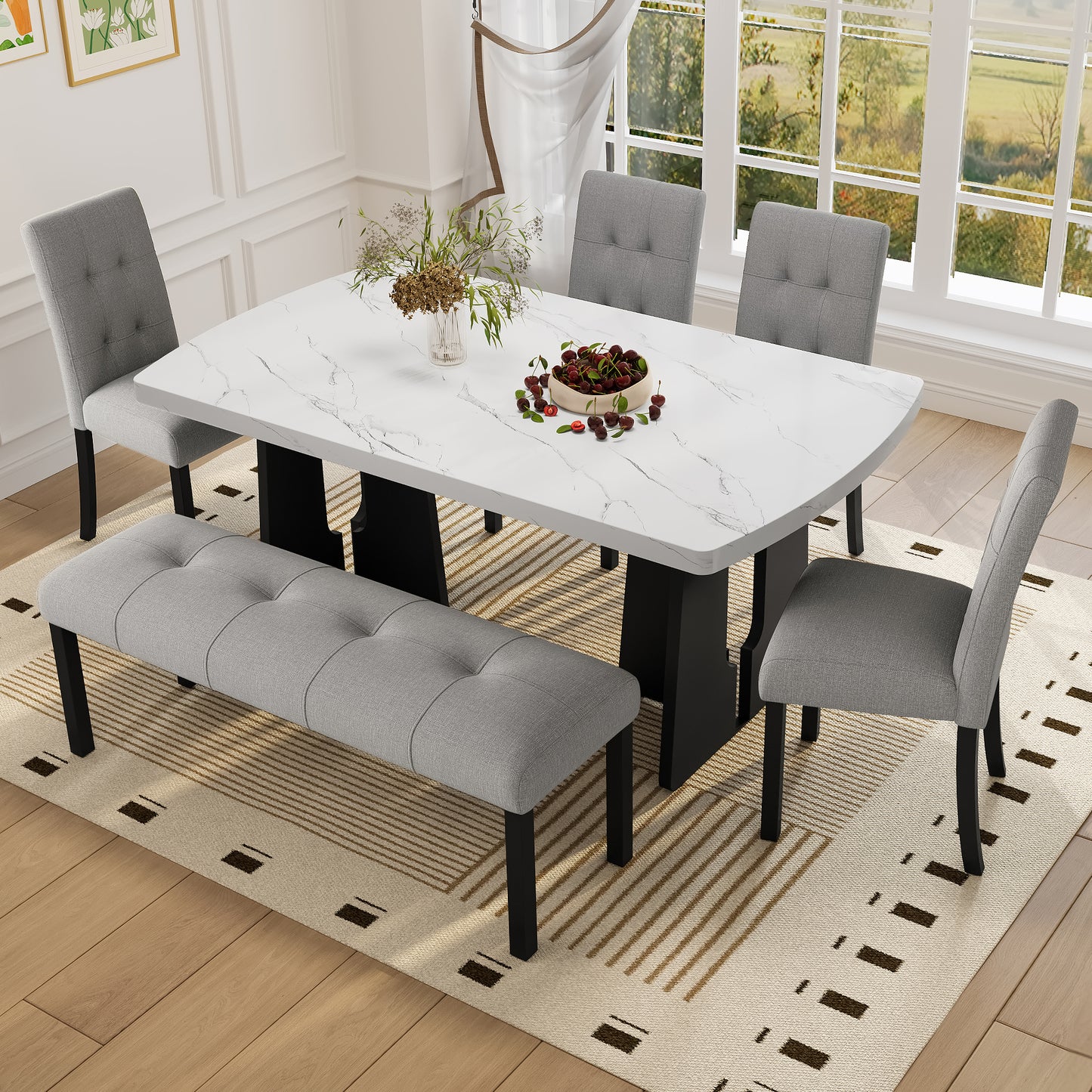 6 Piece Modern Dining Table Set, 63 Faux Marble With Geometric Legs &