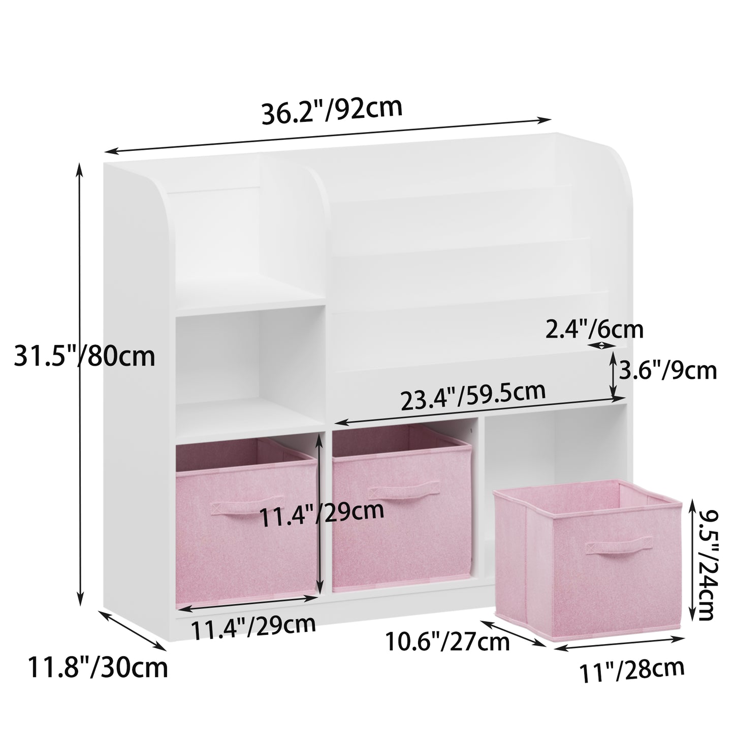Kids Bookcase with 3 Fabric Drawers - White and Pink