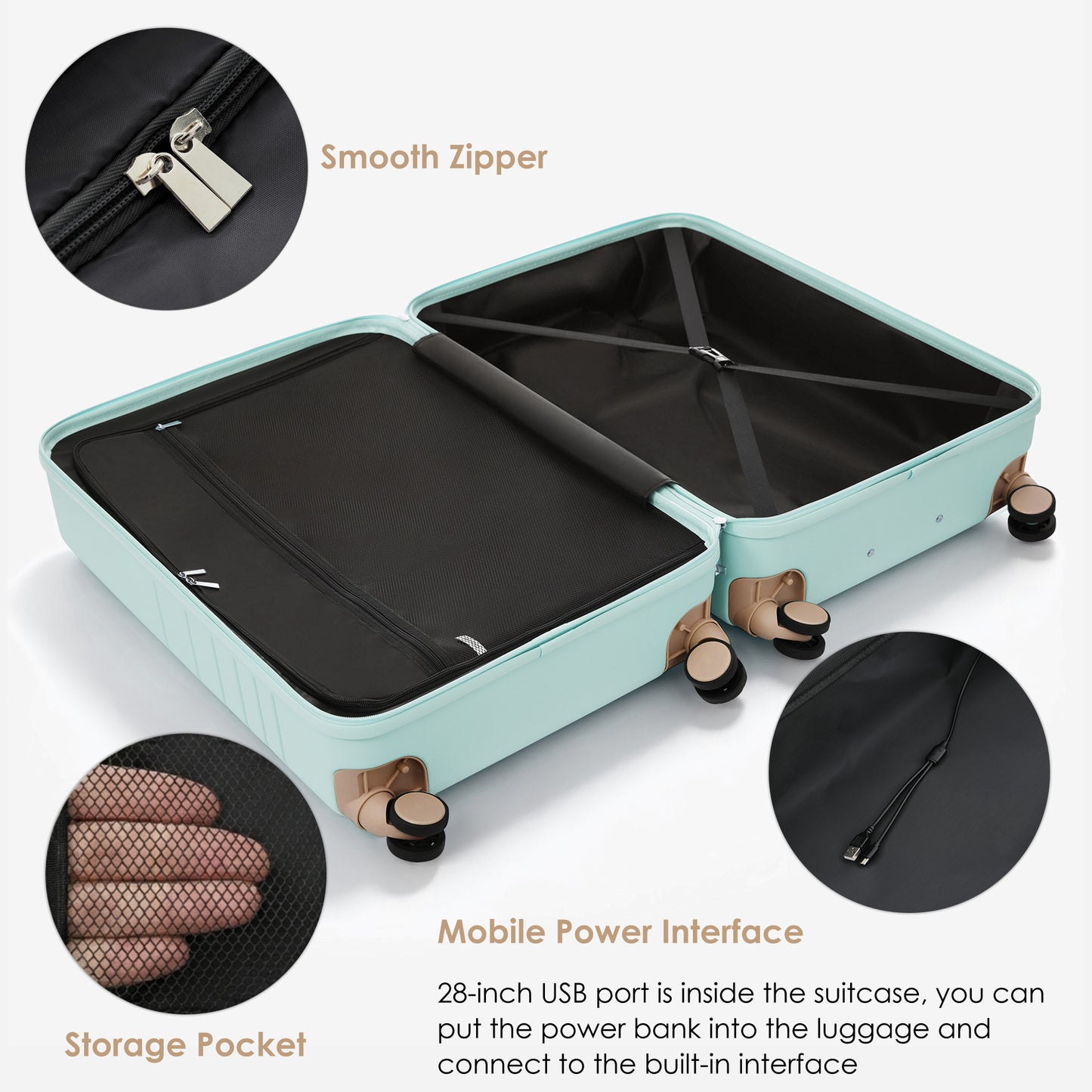 4-Piece Luggage Set with USB Charging Ports - Grey Green