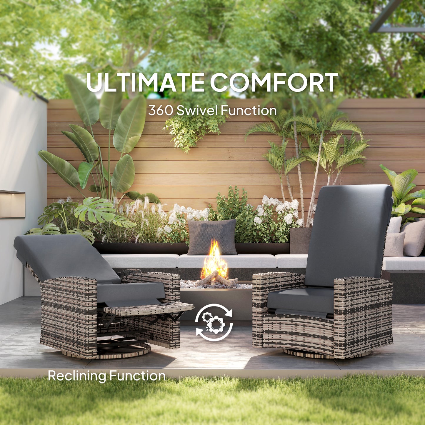 Outdoor Wicker Swivel Recliner Chair with Lifting Footrest - Gray