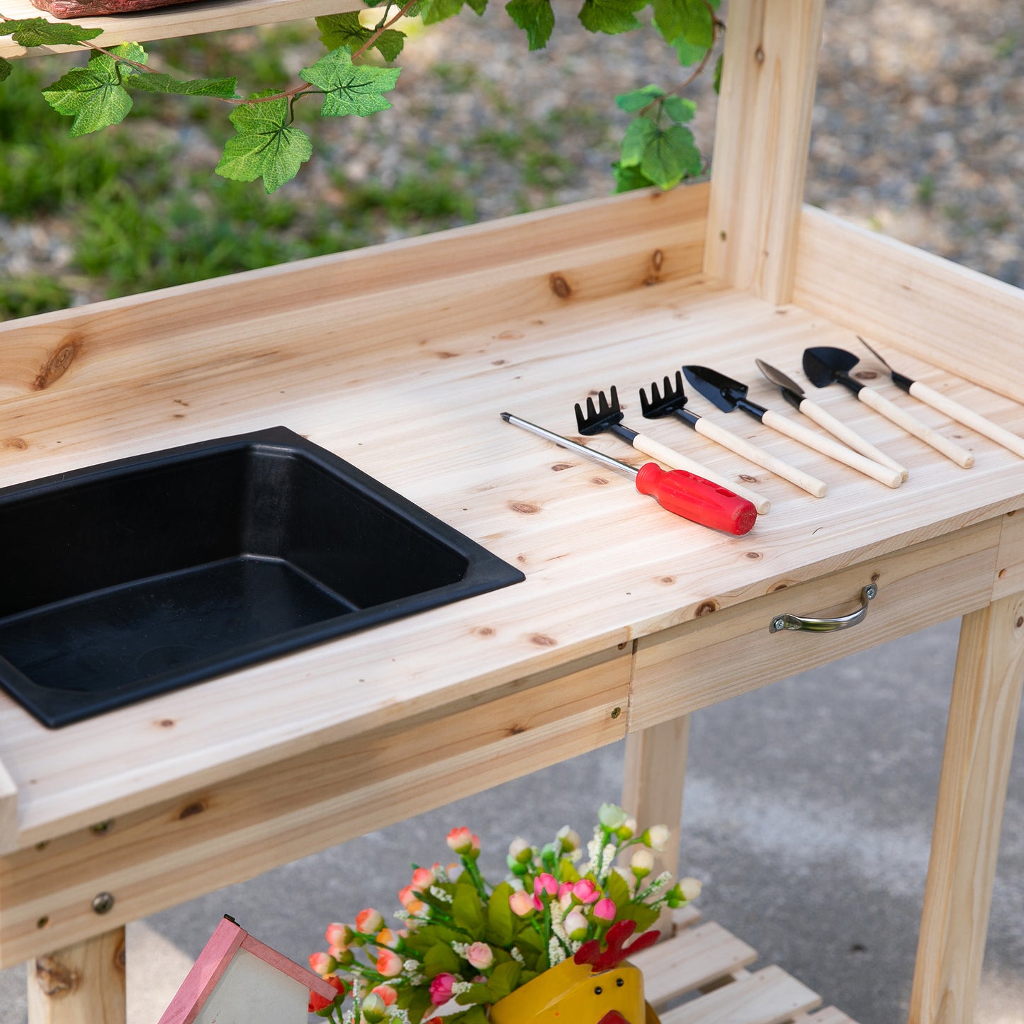 36-Inch Wooden Potting Bench Work Table with Removable Sink & Wheels