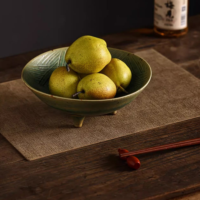 Japanese Style Coarse Ceramic Fruit Plate with Green Soup Bowl - Handmade Kitchen Serving Dish