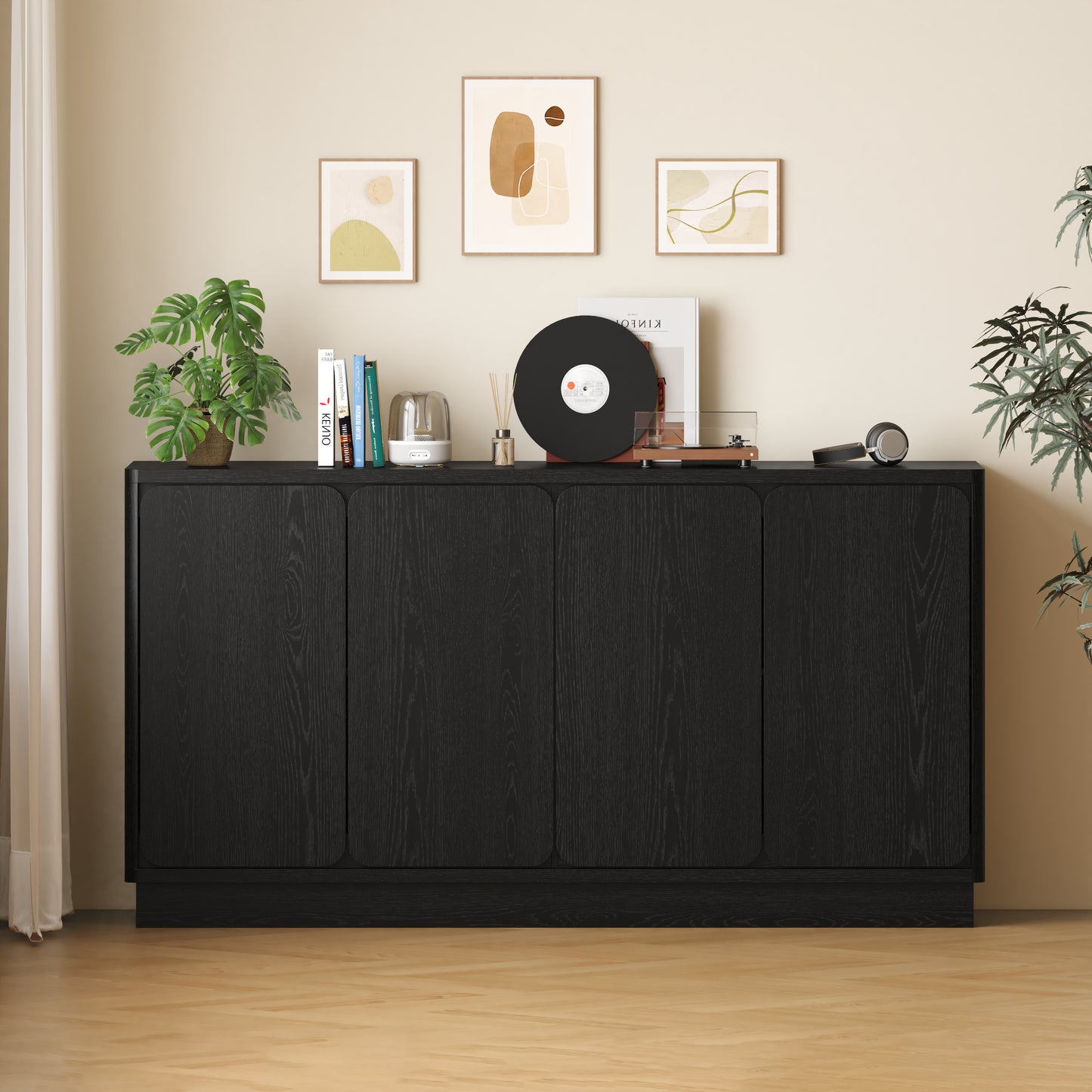 59.1-Inch Black 4-Door Sideboard Buffet Cabinet with Adjustable Shelves