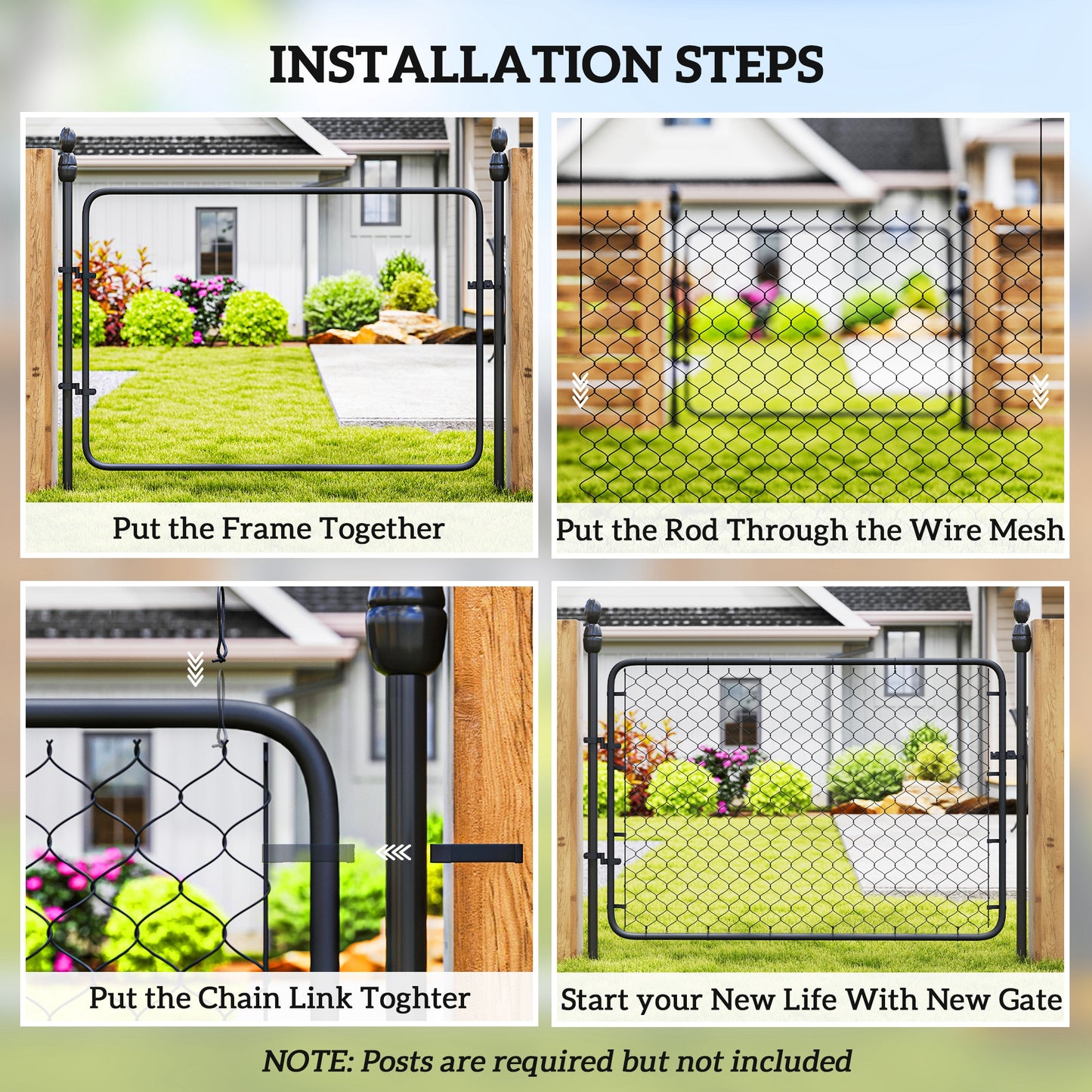 Galvanized Steel Garden Gate with Black Powder Coating, 47.2 x 70.9 Inches