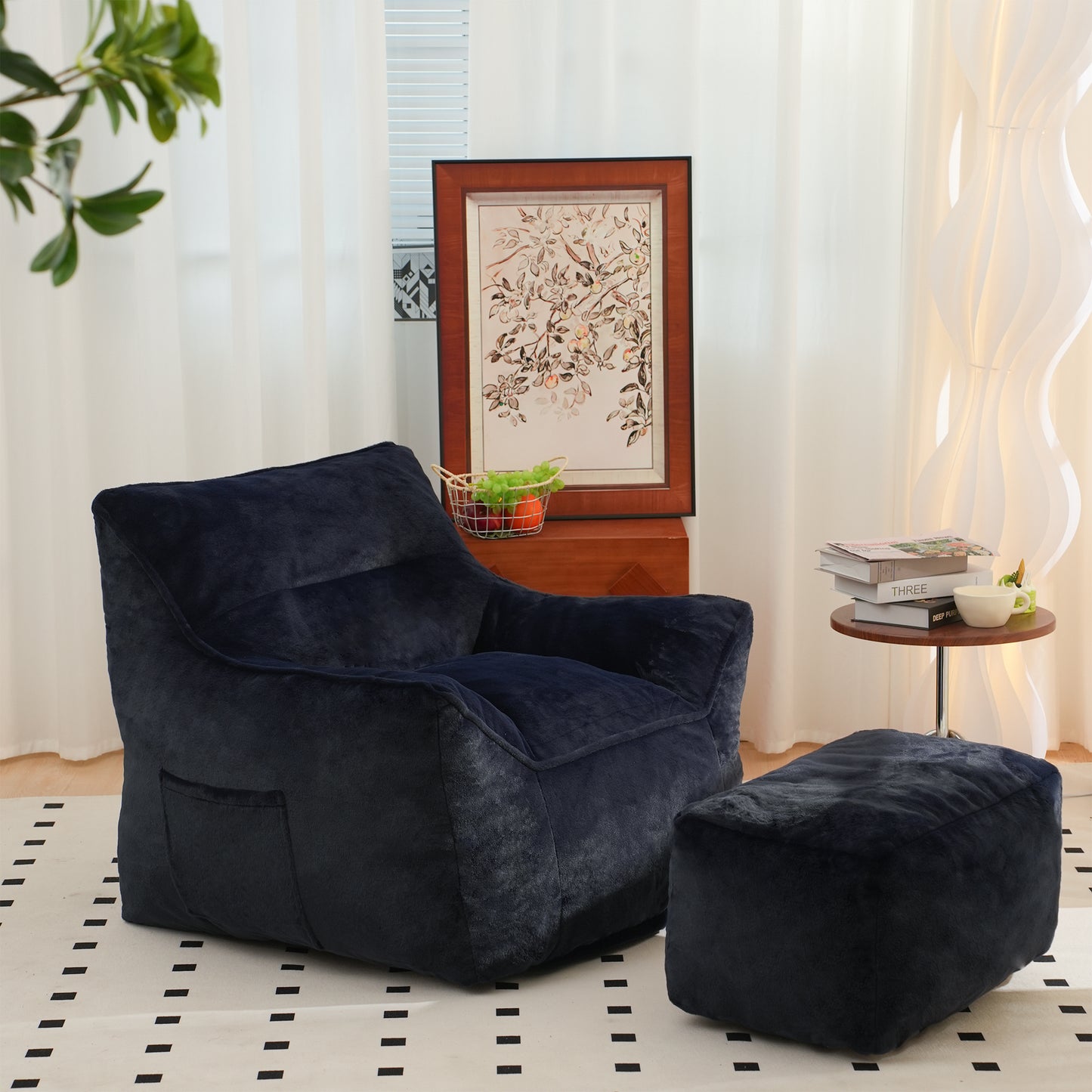 Navy Blue Faux Fur Bean Bag Chair - Comfy Foam Sofa for All Ages