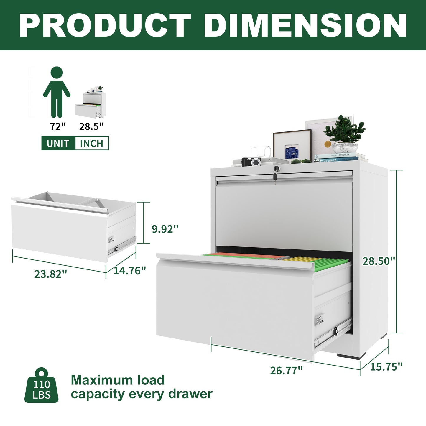 2 Drawer Lateral File Cabinet With Lock, Metal Filing For Home