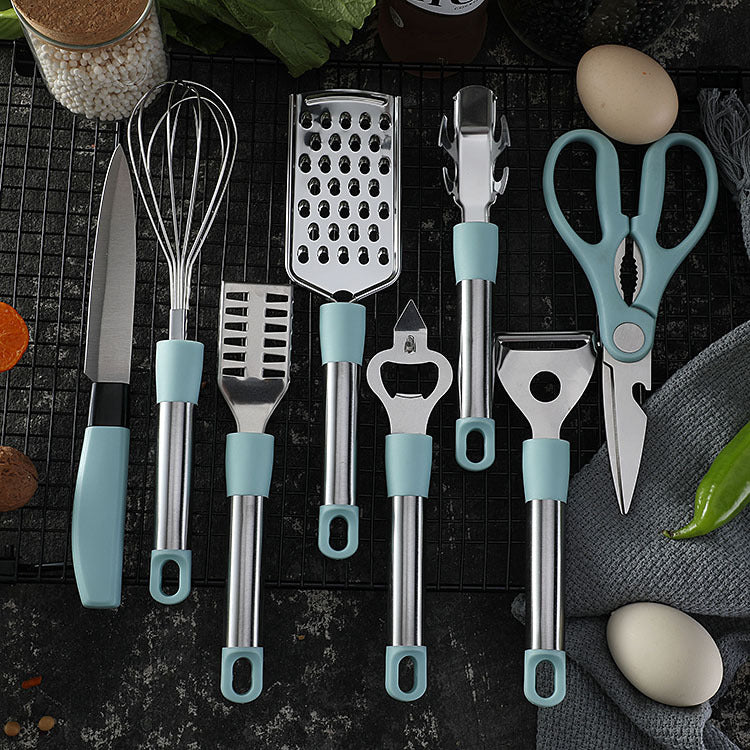 Stainless Steel Kitchen Utensil Set with Scissors Peeler Egg Beater & Tray - Multiple Colors