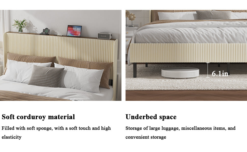 Queen Metal Platform Bed Frame with Charging Station - Beige
