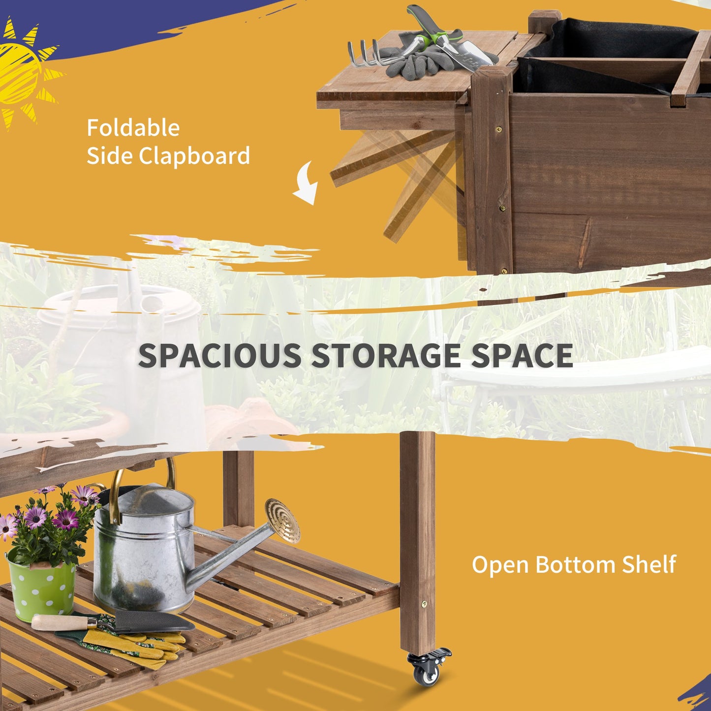 Wooden Garden Bed with Wheels, Foldable Side Clapboard, Self-Draining Design