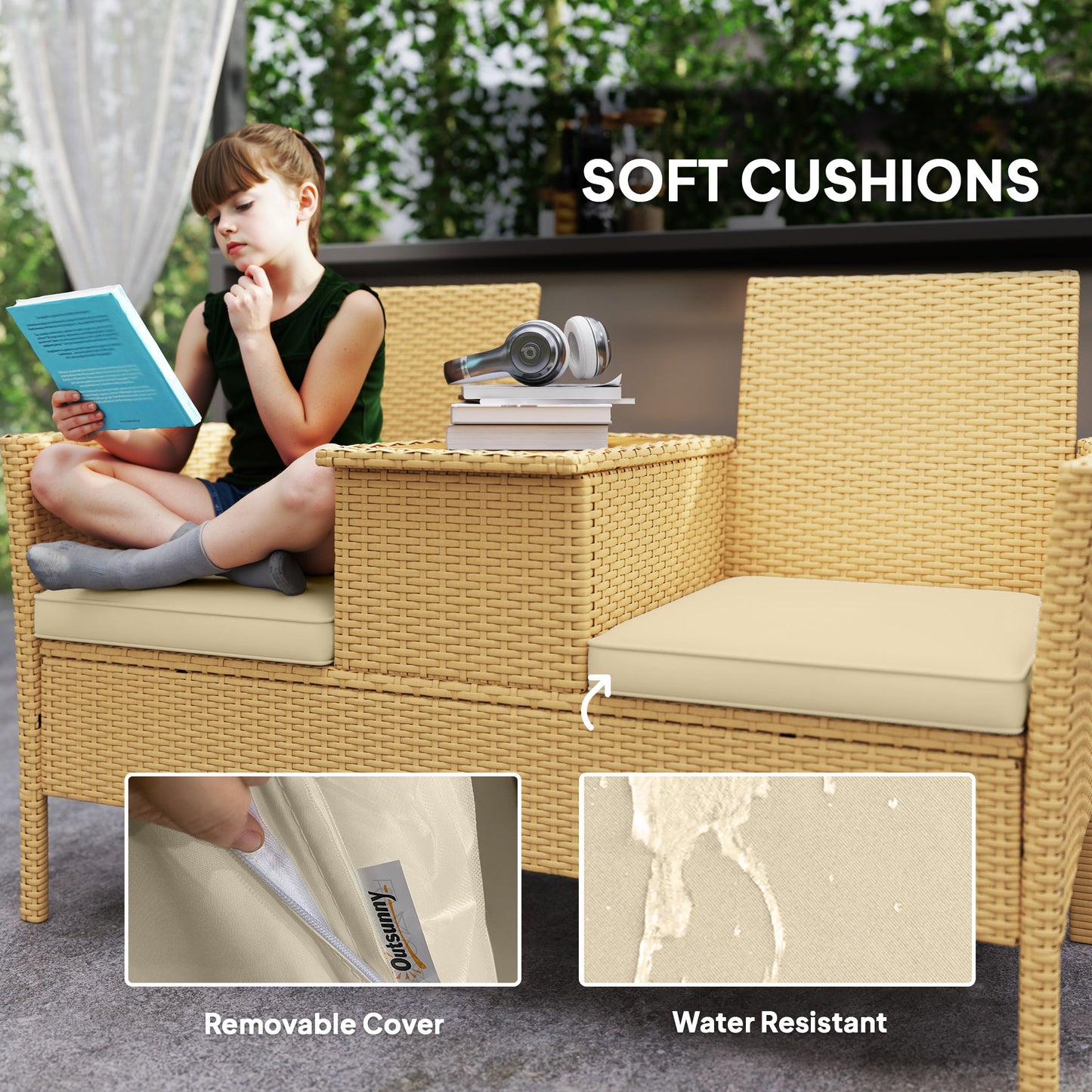 Patio Wicker Loveseat with Flip-Top Table & Cushions - Khaki