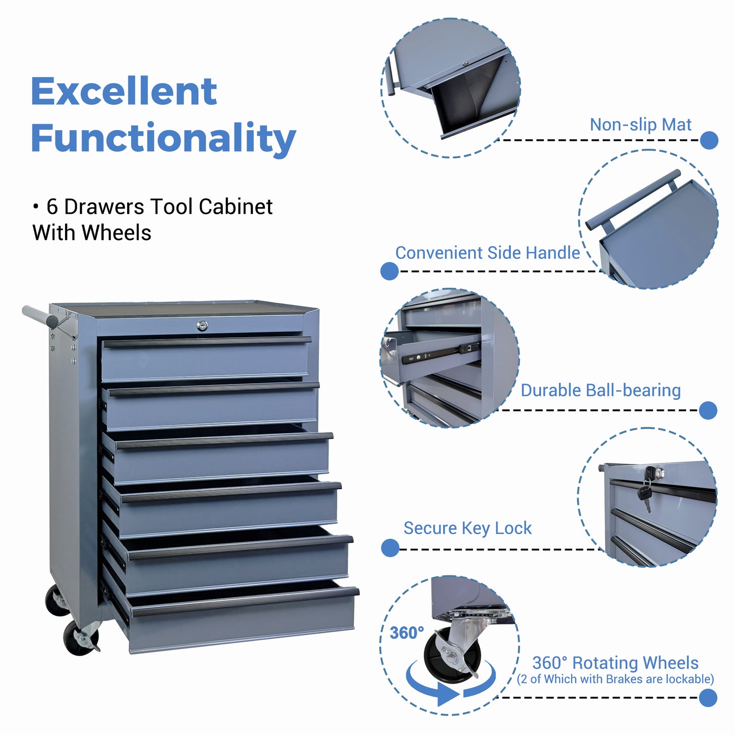Rolling Metal Tool Chest with 6 Drawers - 20 Inch Steel Storage Cabinet, Grey