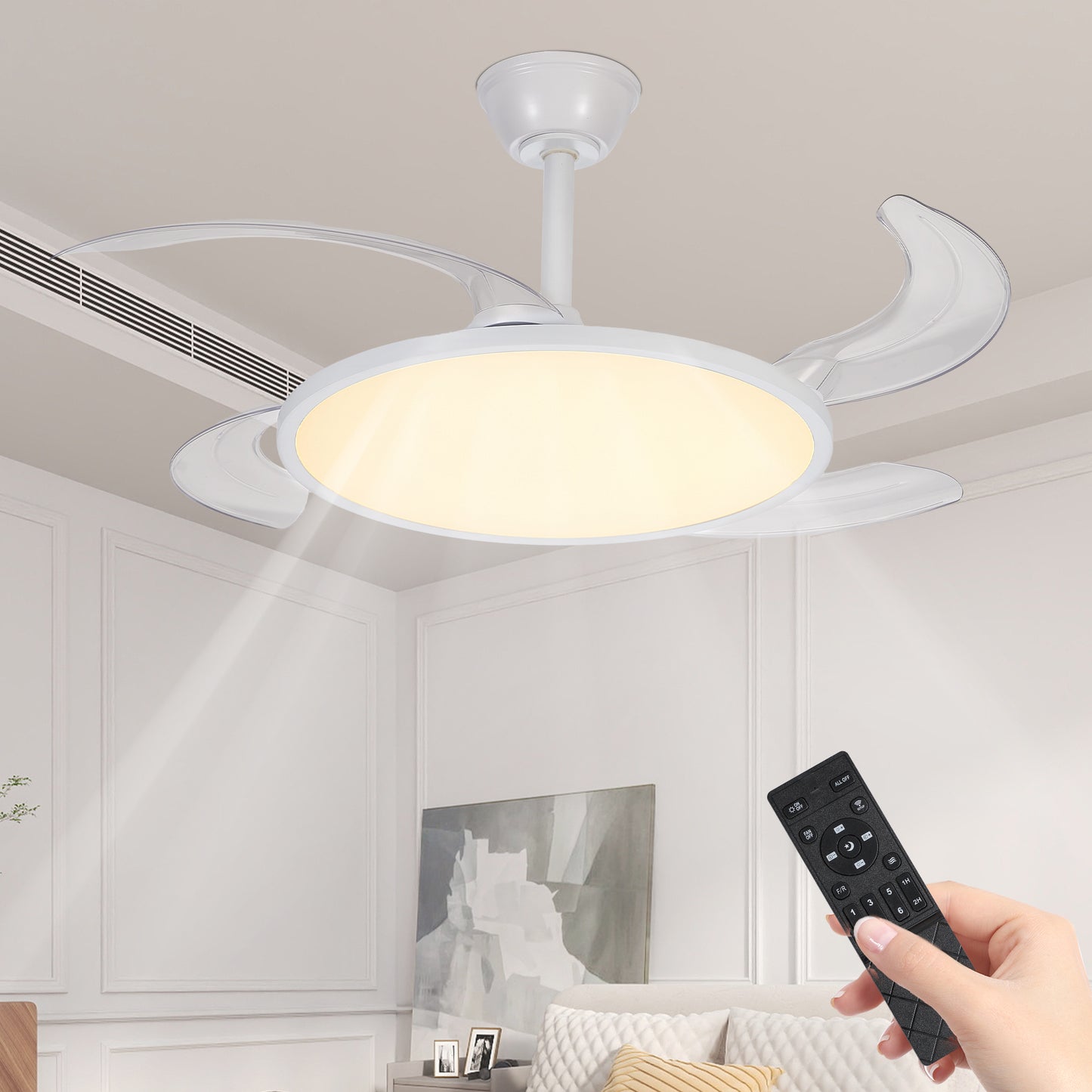 Retractable Ceiling Fan with Light and Remote Control - White