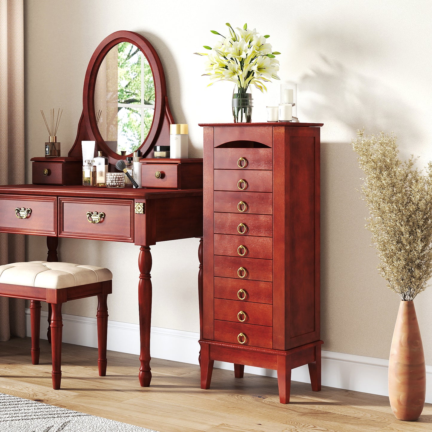 Jewelry Storage Cabinet with 9 Drawers and Flip Top Mirror
