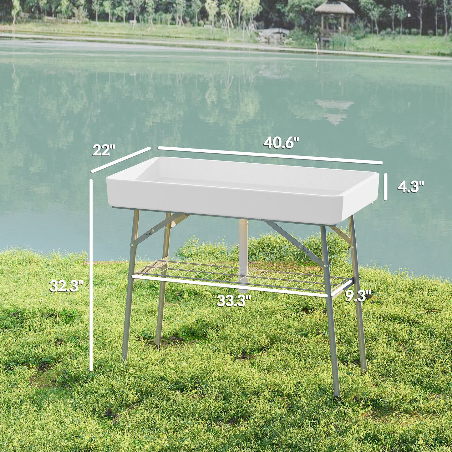 Folding Ice Cooler Table with Drain & Storage Shelf - White