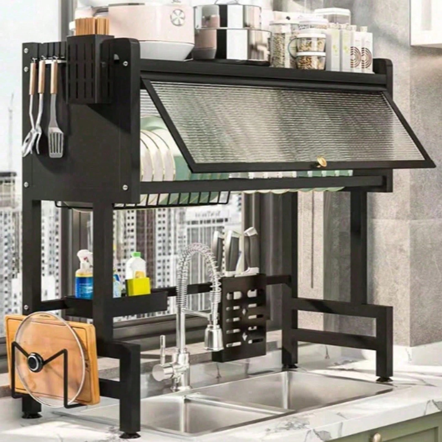 Double Tier Dish Draining Rack with Dustproof Cover - 33.5 Inch
