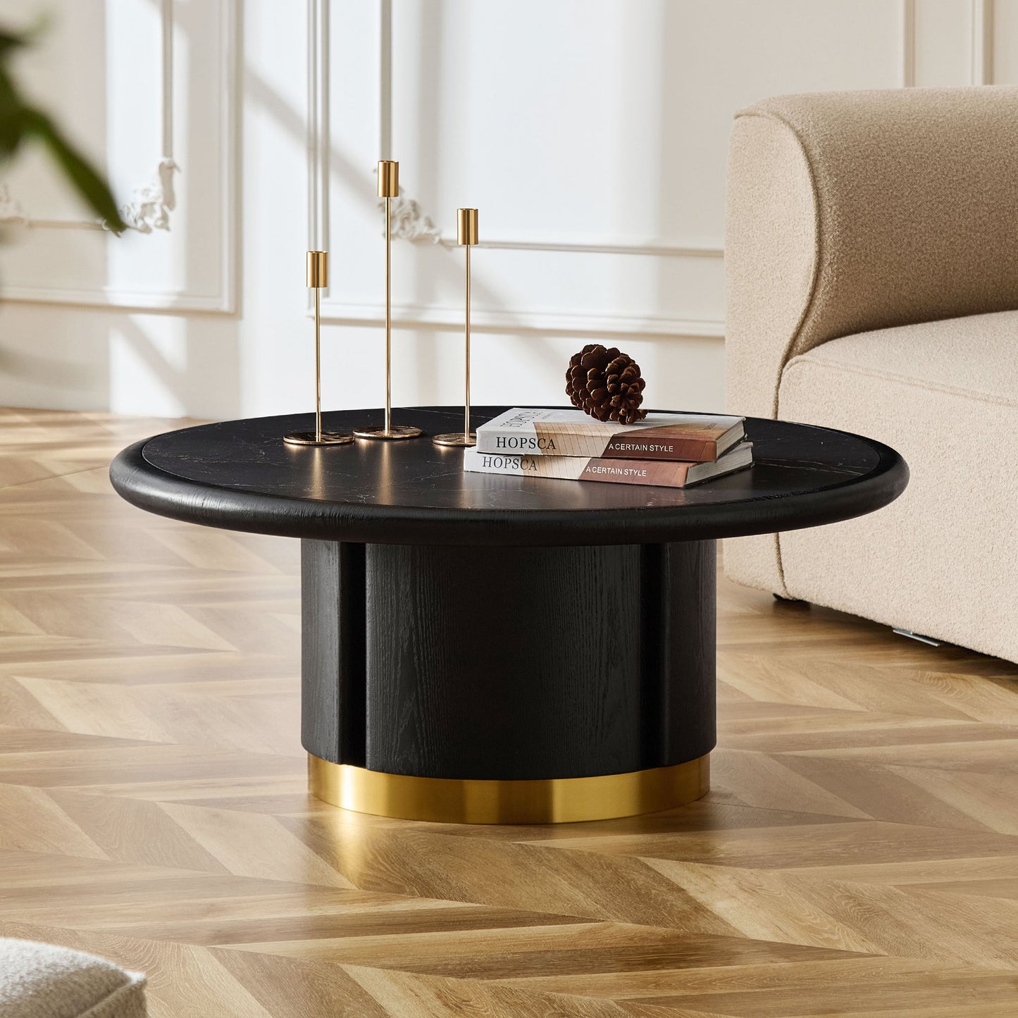Round Coffee Table with Sintered Stone Top - Black