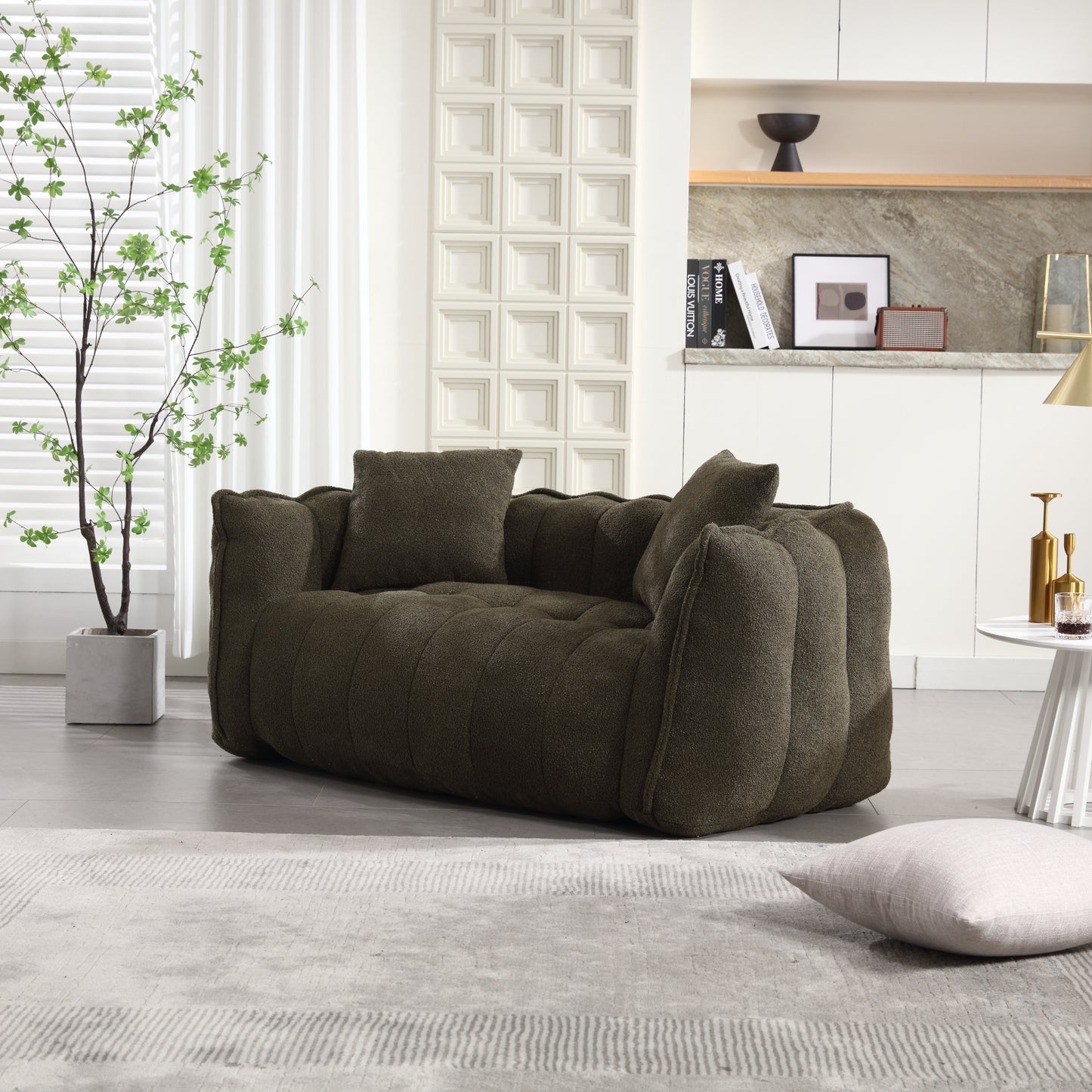 Olive Green Soft Beanbag Chair for Two - Chenille Foam Recliner