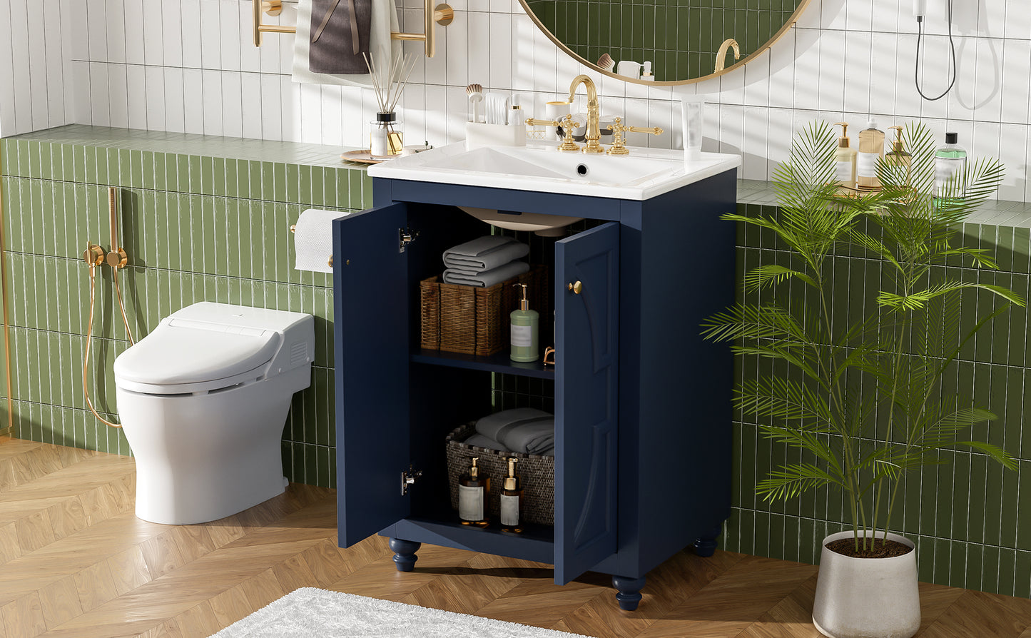 24" Blue Modern Bathroom Vanity with Ornate Design & Soft-Close Hinges