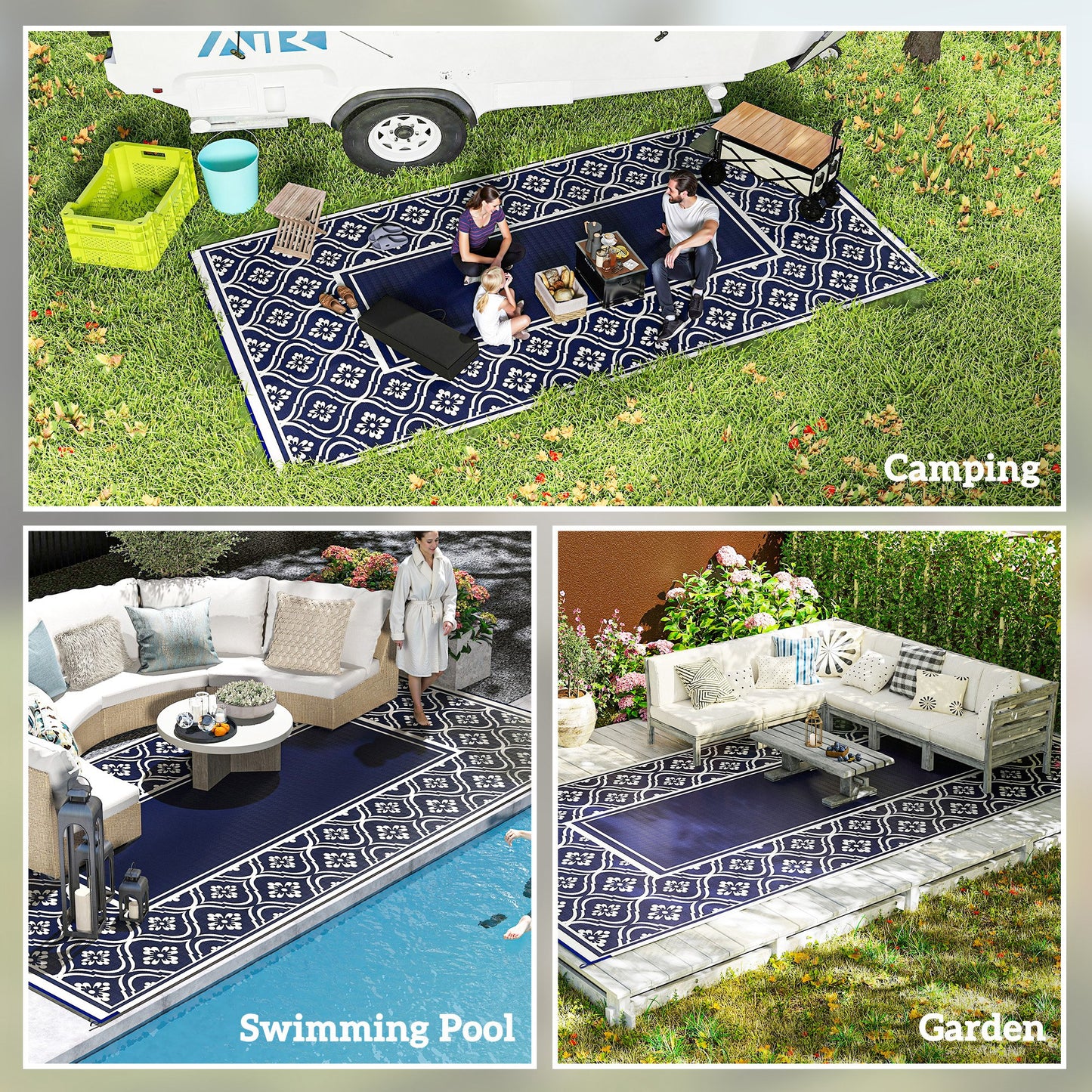 Reversible Outdoor Rug - Waterproof Plastic Straw, 9' x 18', Blue & White Gourd Border