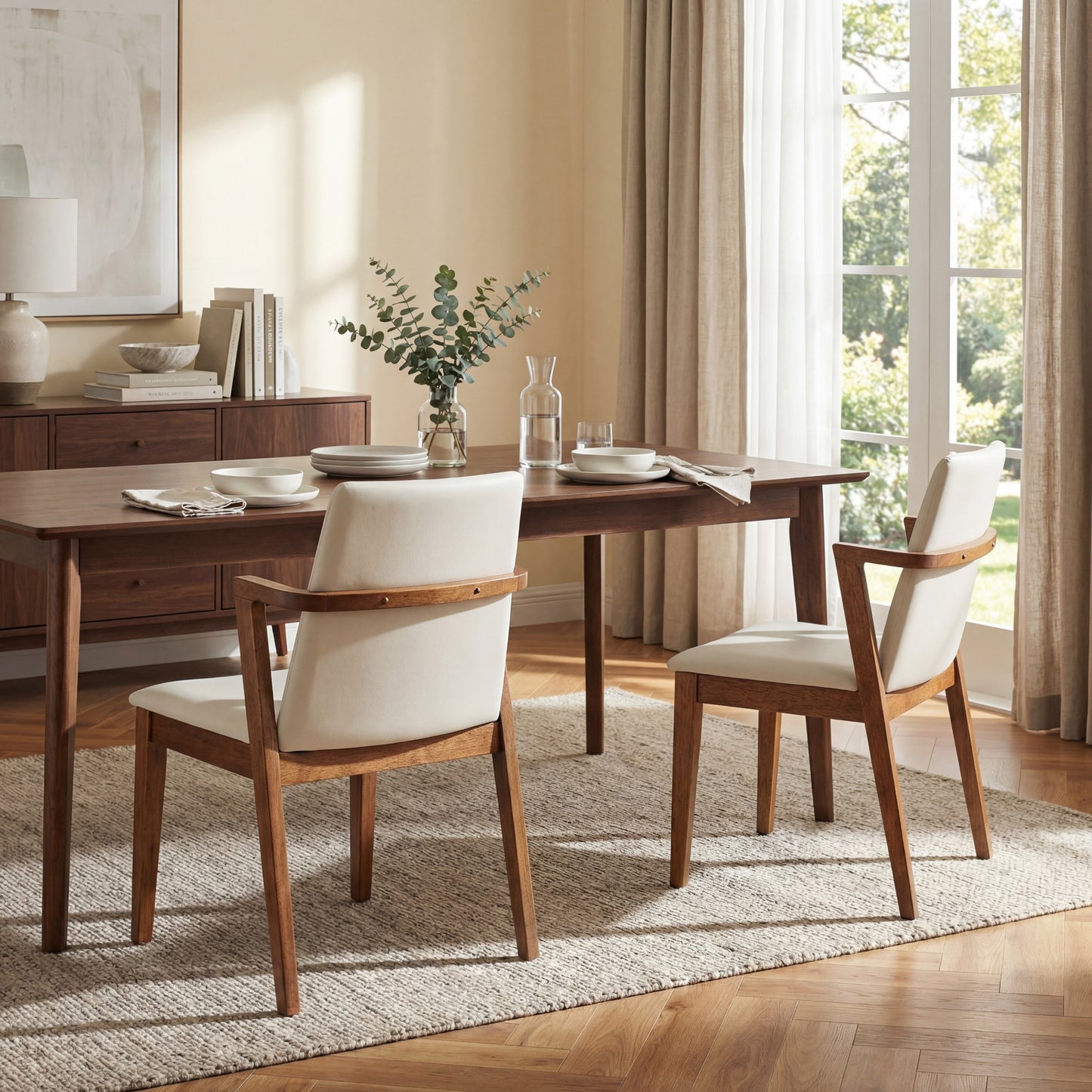 Mid-Century Modern Dining Chairs Set of 2 - Beige PU Upholstered