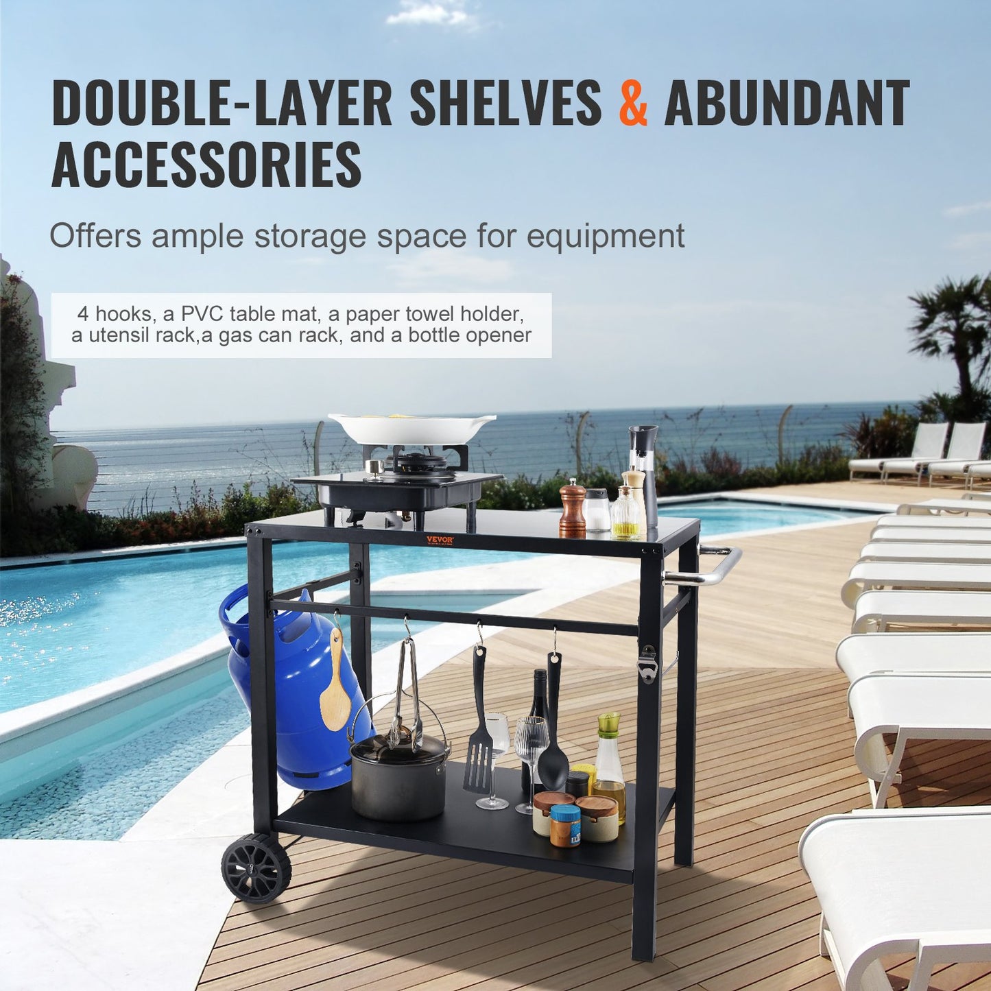 Portable BBQ Food Prep Table with Double Shelves - Black