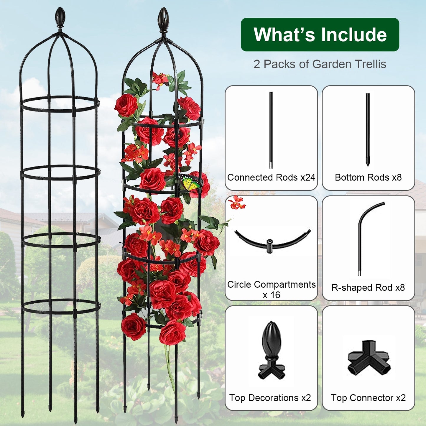 2 Pack Garden Obelisk Trellis 5.9FT Plant Support for Climbing Vines & Vegetables - Black
