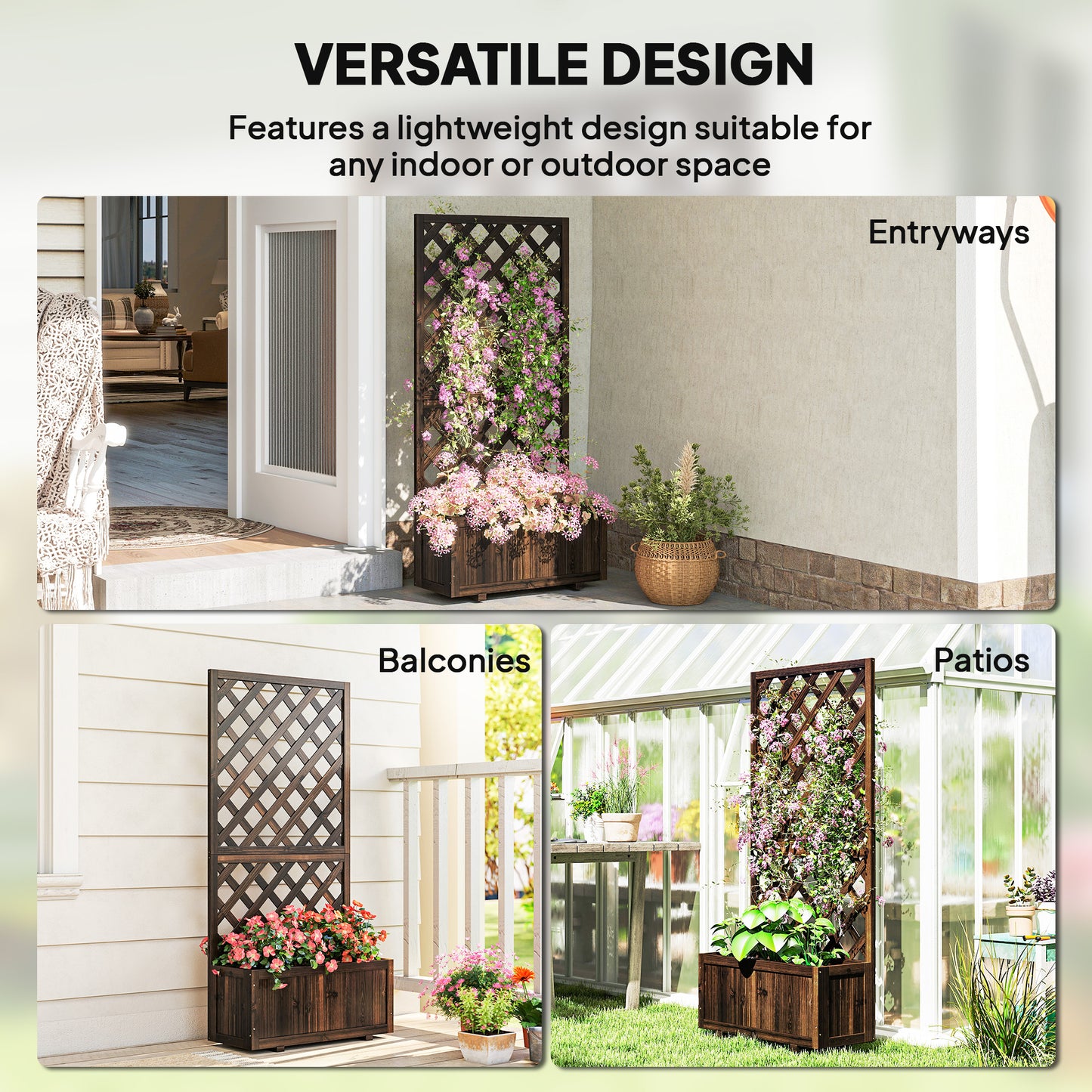 Wooden Raised Garden Bed Planter Box with Trellis and Drain Holes - Brown, 820x820x85 mm