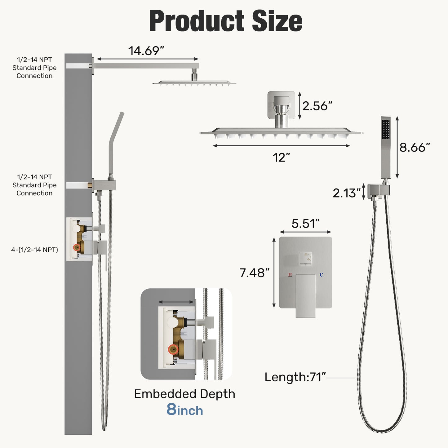 Wall-Mounted Shower Faucet Set - 10-Inch Overhead & Handheld Shower