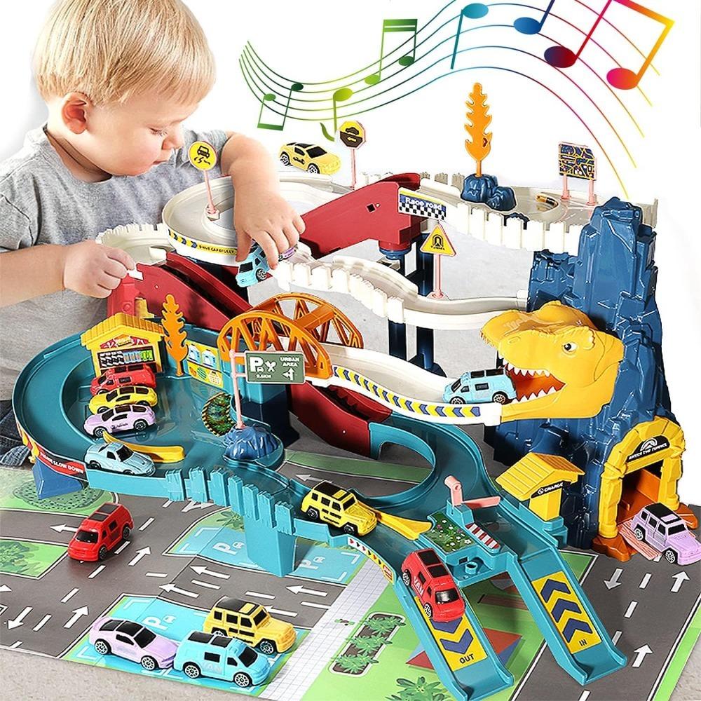 Dinosaur Mountain Adventure Race Track Toy Set with Mini Cars & Assembly Tool