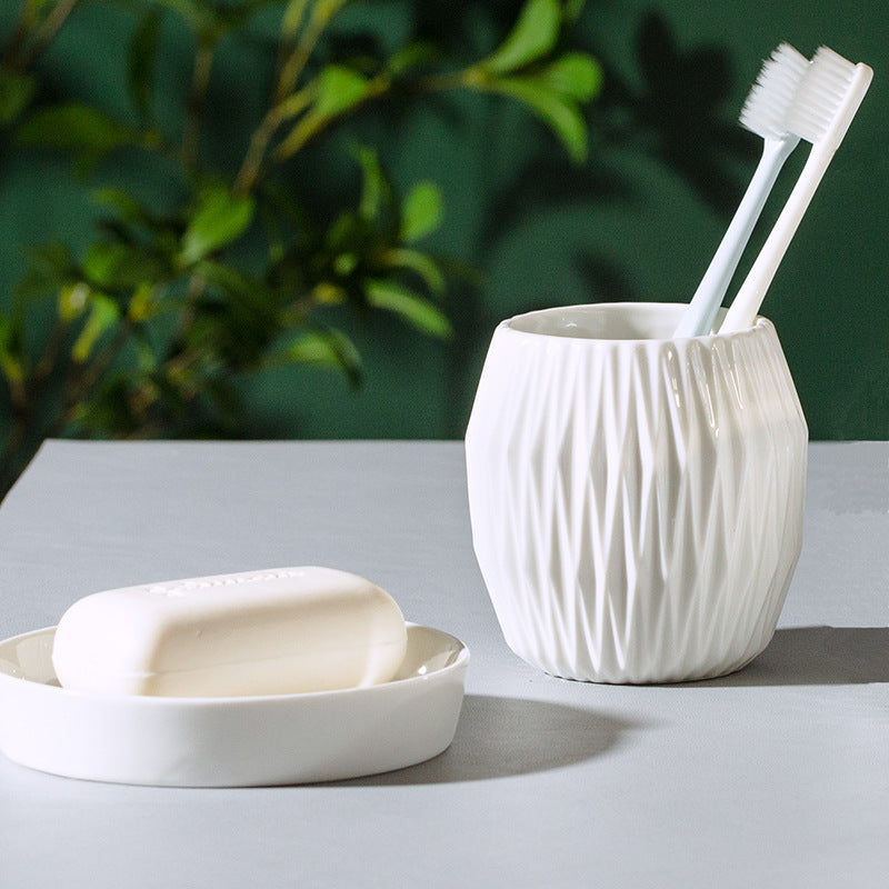 Ceramic Bathroom Mouthwash Cup Set with Embossed Hotel Style - Multiple Colors