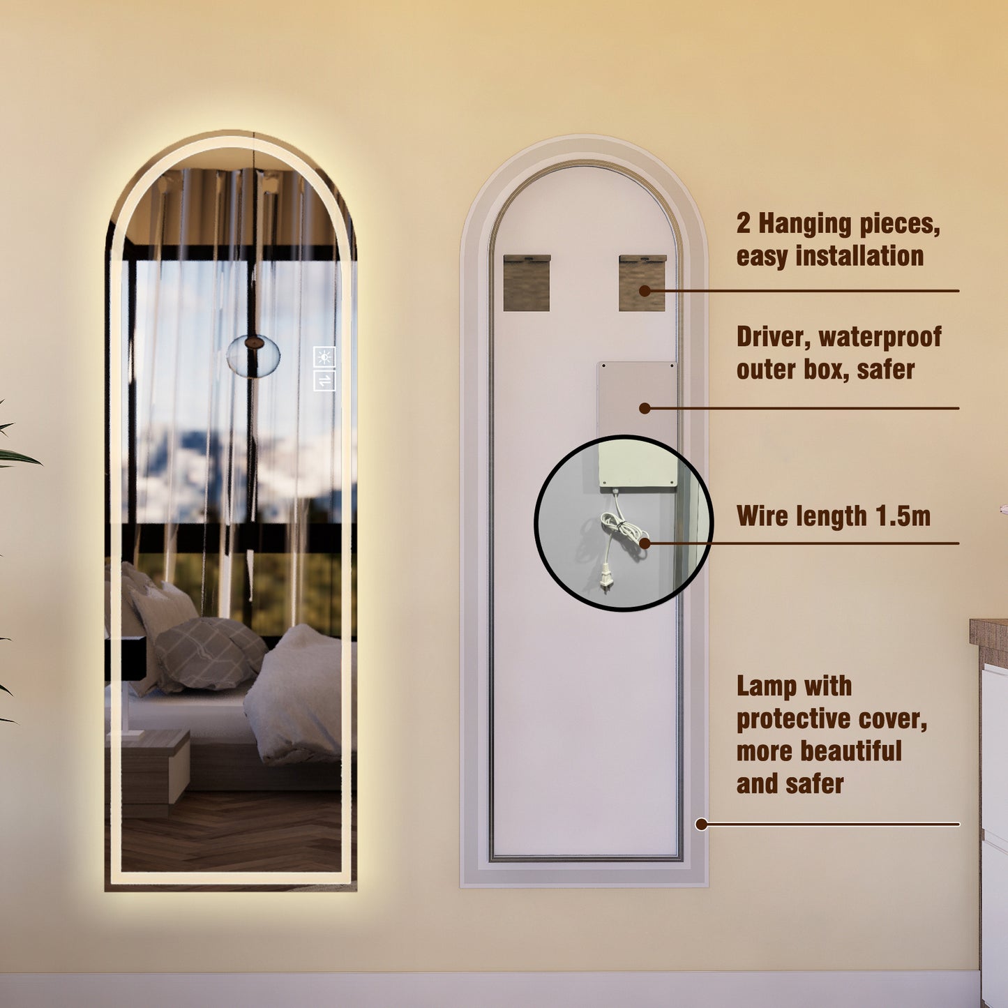 65" x 21" Arch LED Bathroom Mirror - Dimmable Anti-Fog Glass