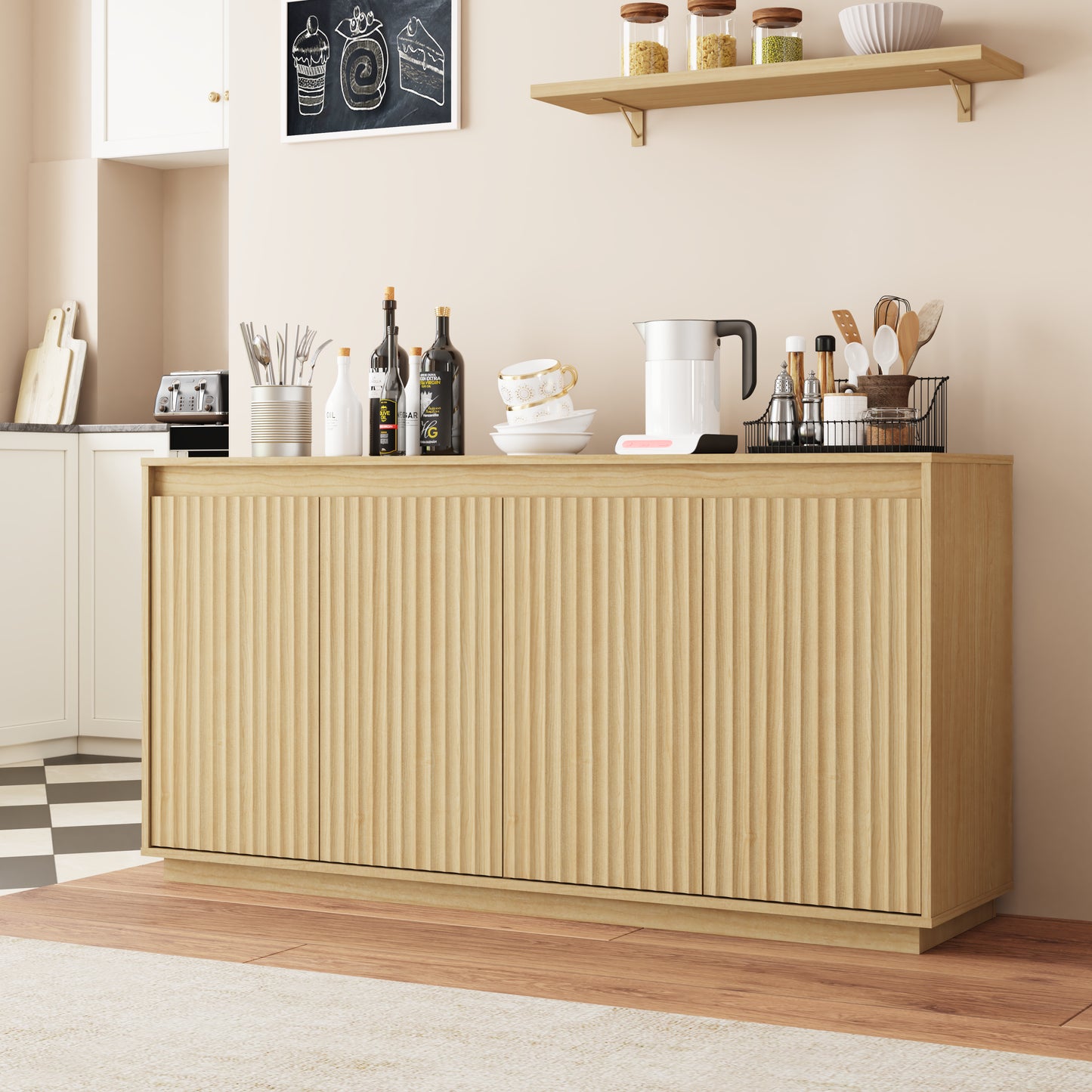 Natural 4-Door Sideboard Buffet Cabinet with Power Outlet