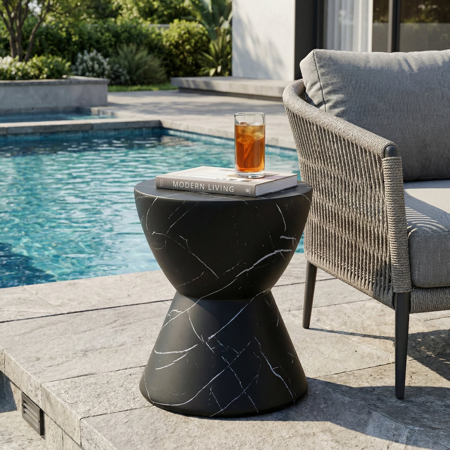 Outdoor Lightweight Concrete Side Table - Black Marble Accent Table